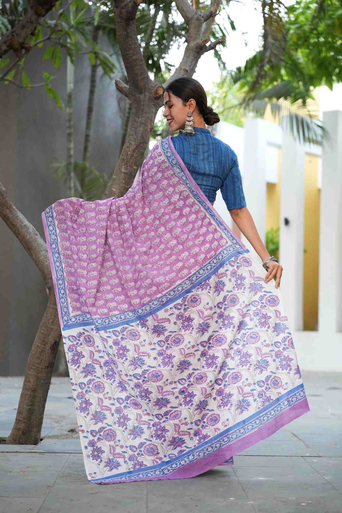 Jaipuri Sanganeri vegetable dyed mulmul ready to wear saree