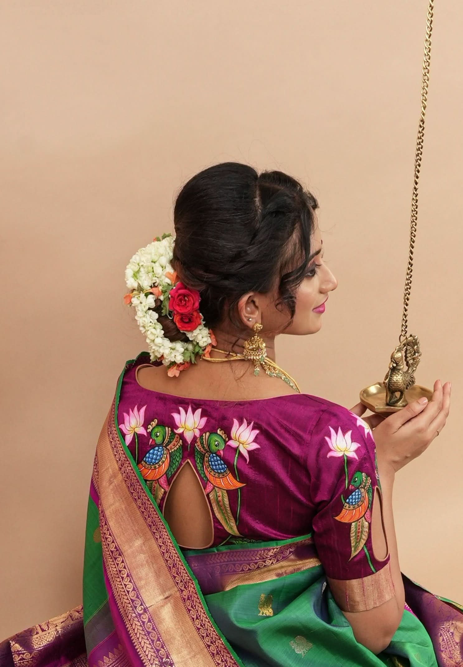 Tanjore Parrots - Pure Raw silk blouse with Handpainting and cutout design, Made to Order | Shobitam