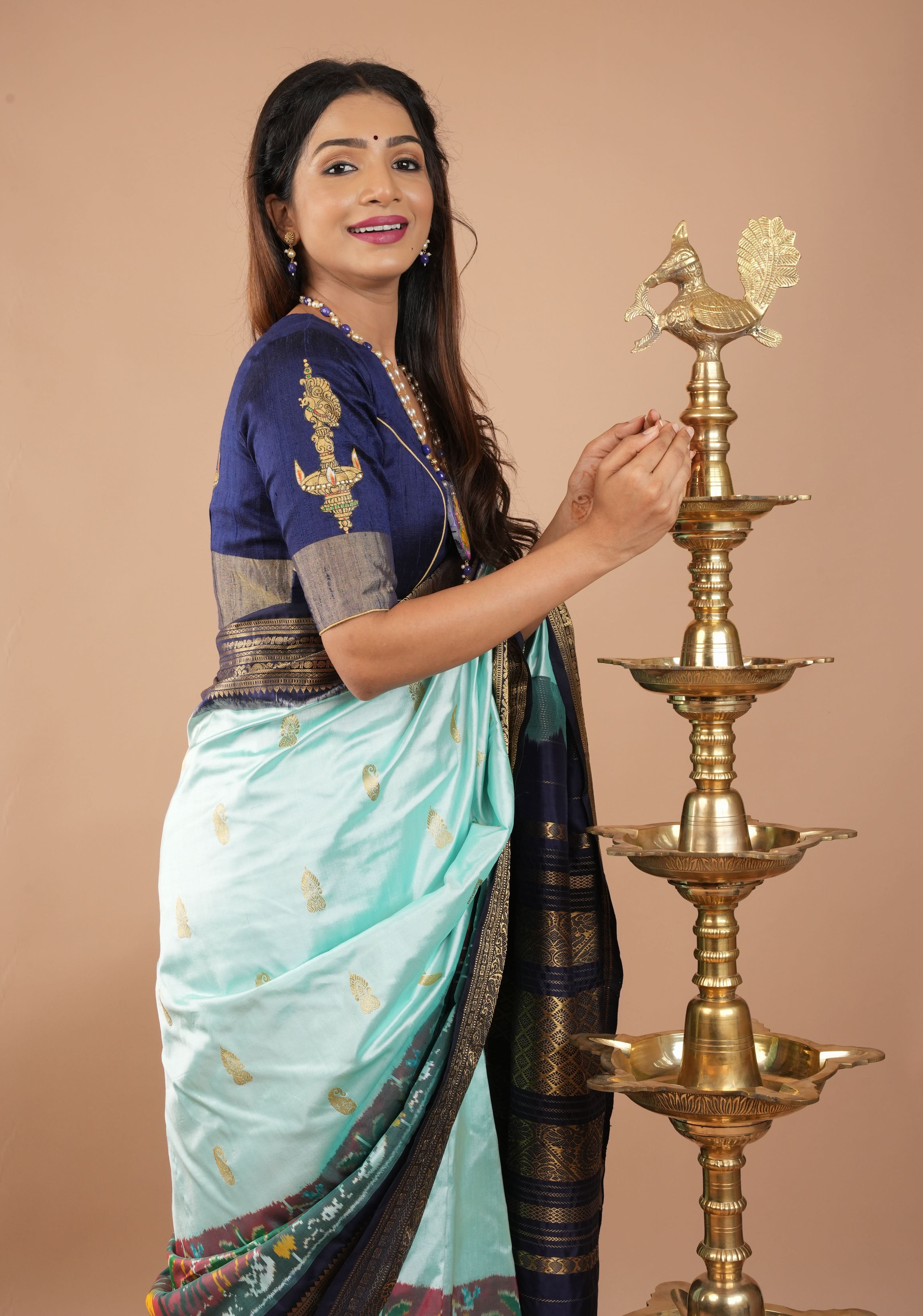 Lamp Handpainting on pure Raw Silk  Navy Blue Blouse with Tissue Borders and Potli detailing, Customizable, made to order | Shobitam