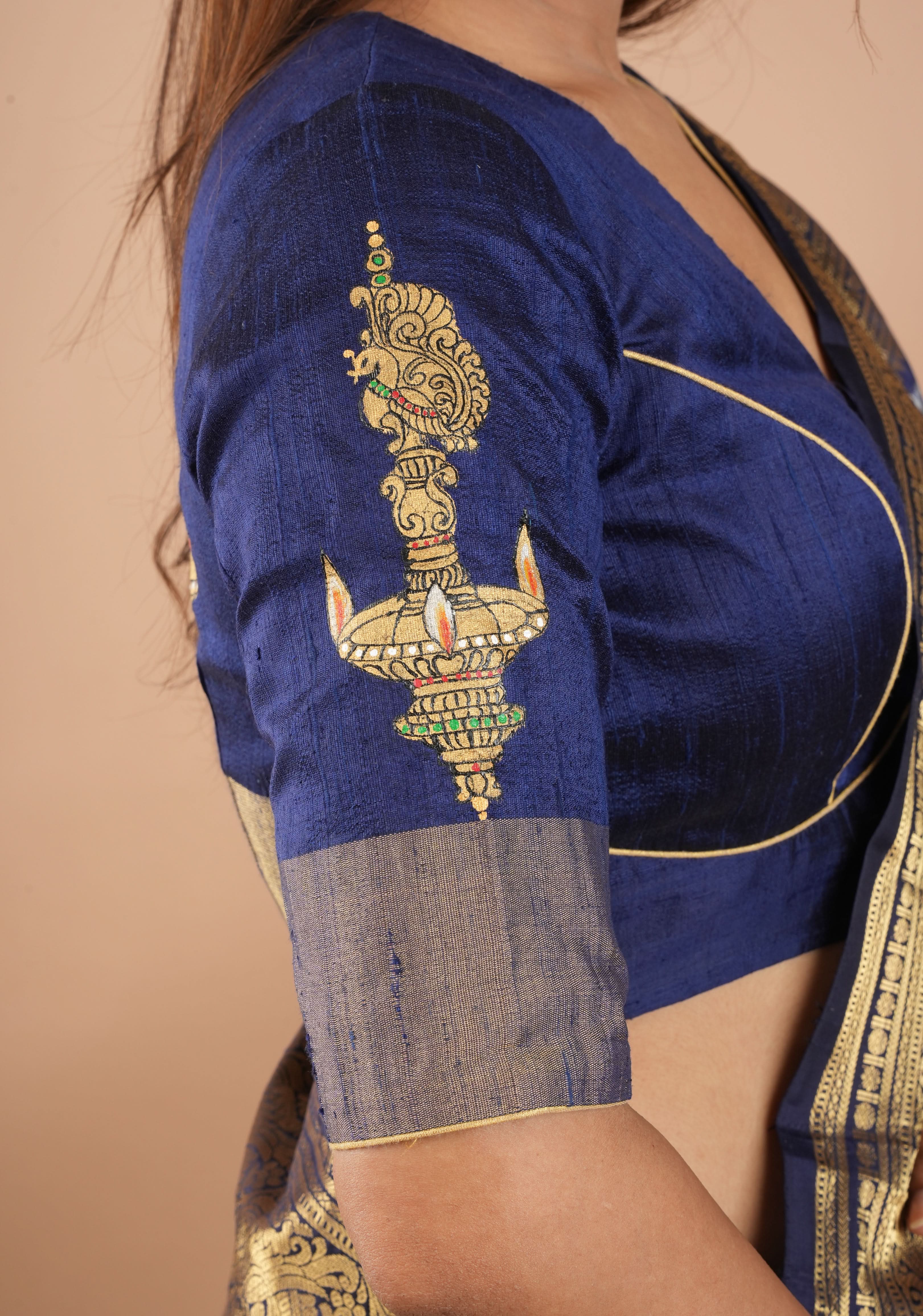 Lamp Handpainting on pure Raw Silk  Navy Blue Blouse with Tissue Borders and Potli detailing, Customizable, made to order | Shobitam