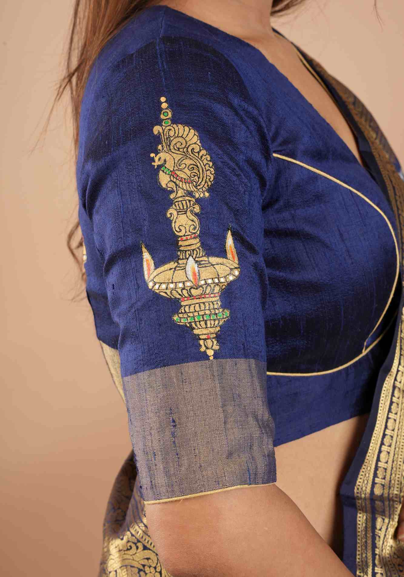 Lamp Handpainting on pure Raw Silk Navy Blue Blouse with Tissue Borders and Potli detailing, Customizable, made to order