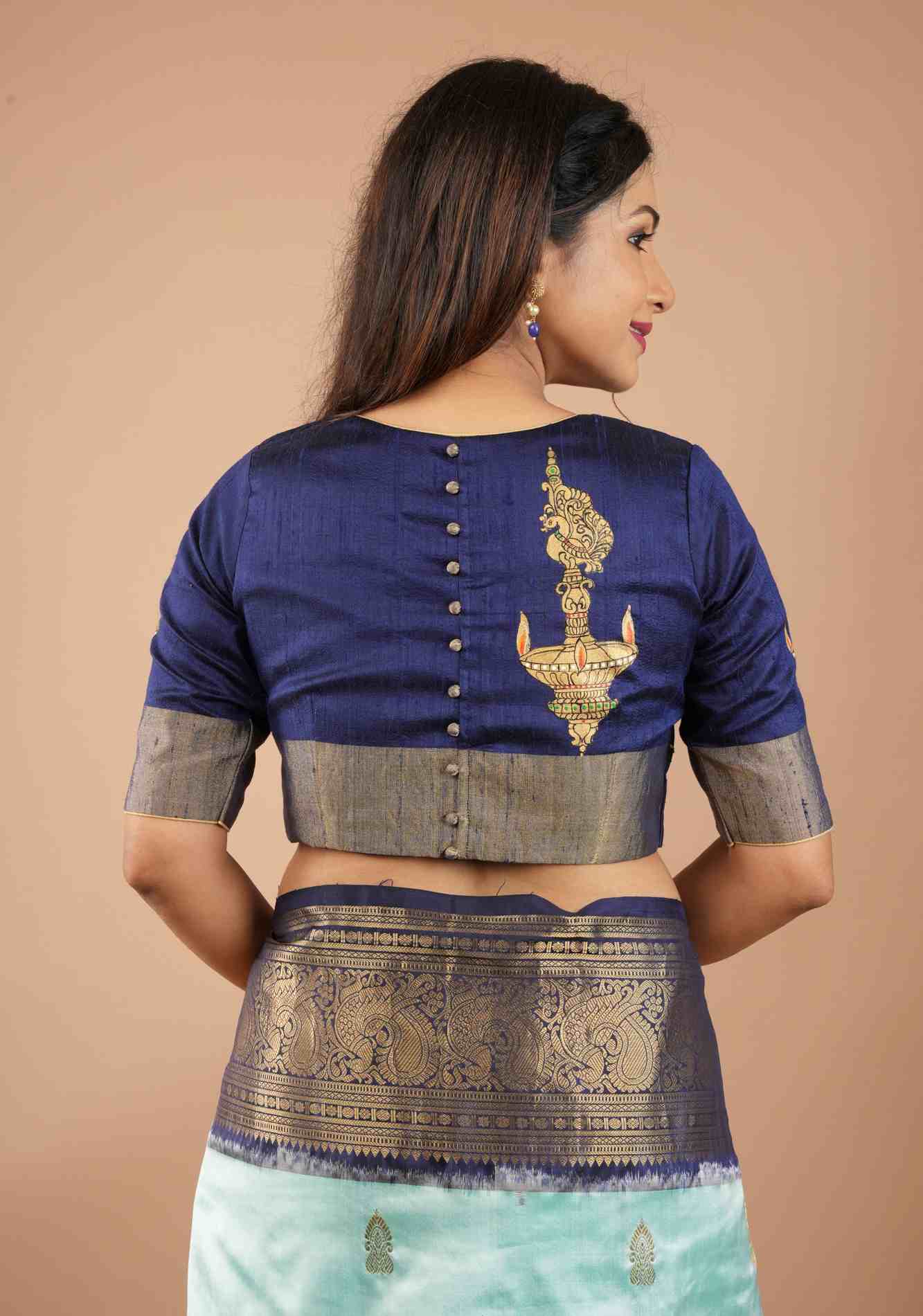 Lamp Handpainting on pure Raw Silk Navy Blue Blouse with Tissue Borders and Potli detailing, Customizable, made to order