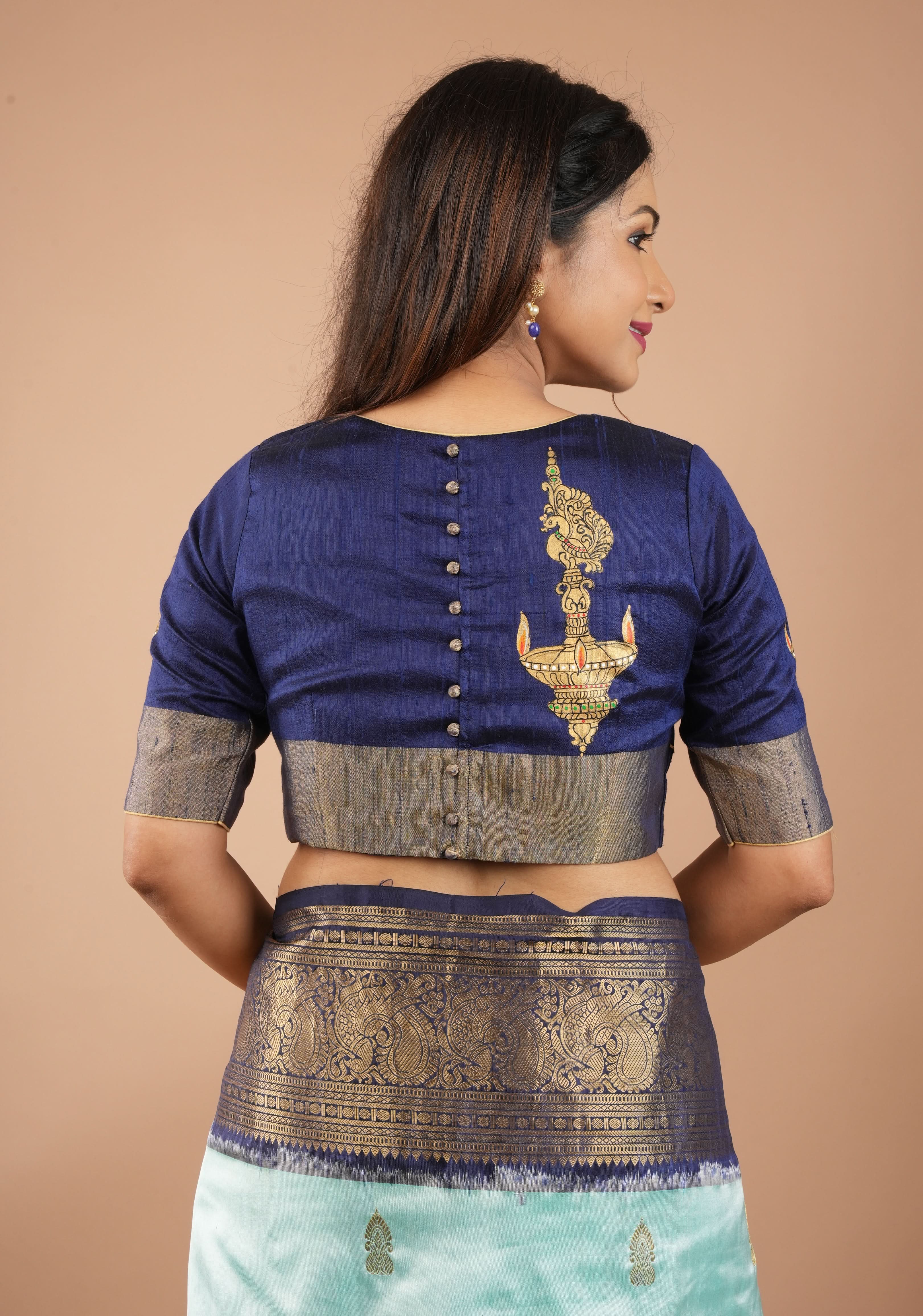 Lamp Handpainting on pure Raw Silk  Navy Blue Blouse with Tissue Borders and Potli detailing, Customizable, made to order | Shobitam
