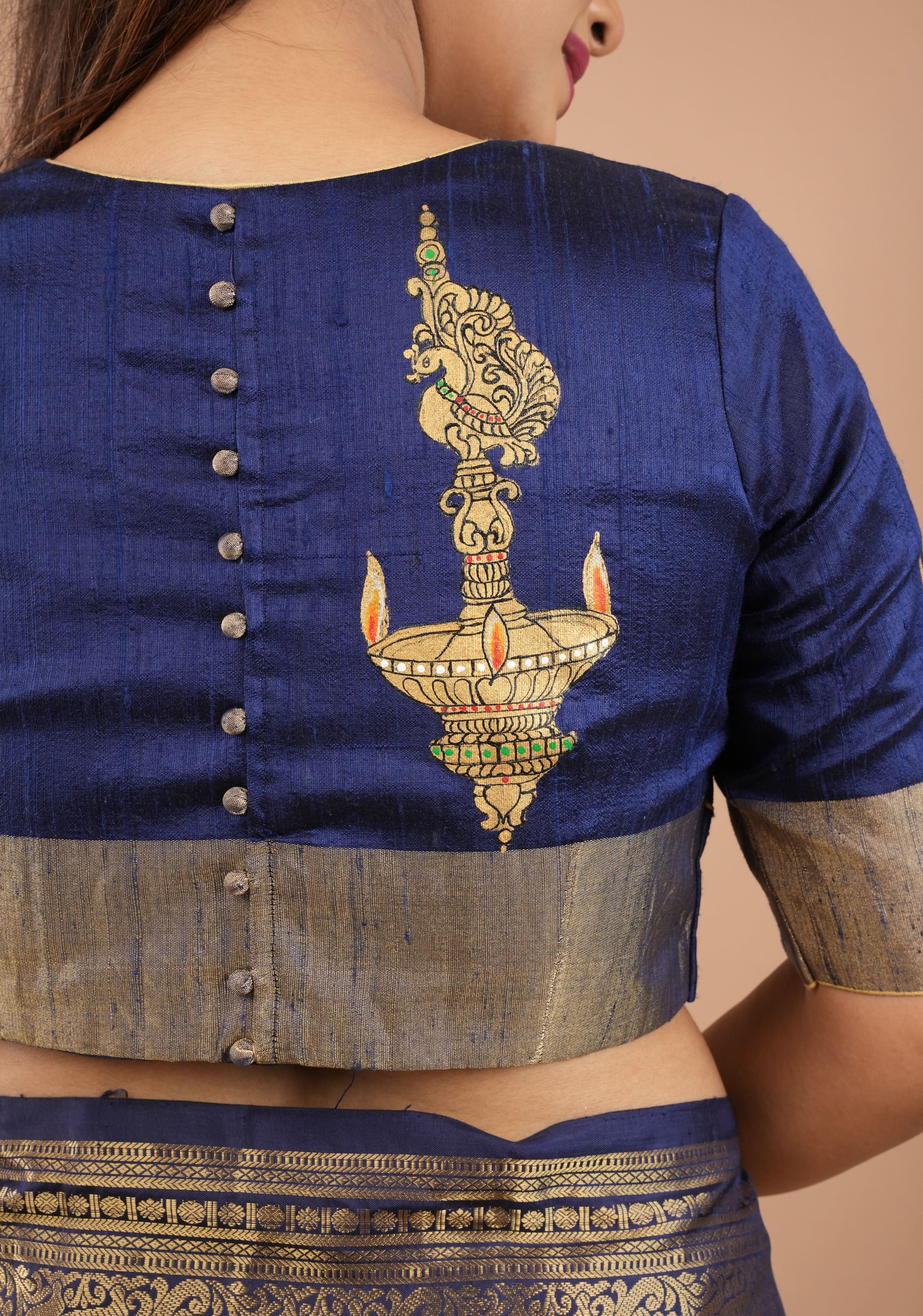 Lamp Handpainting on pure Raw Silk  Navy Blue Blouse with Tissue Borders and Potli detailing, Customizable, made to order | Shobitam