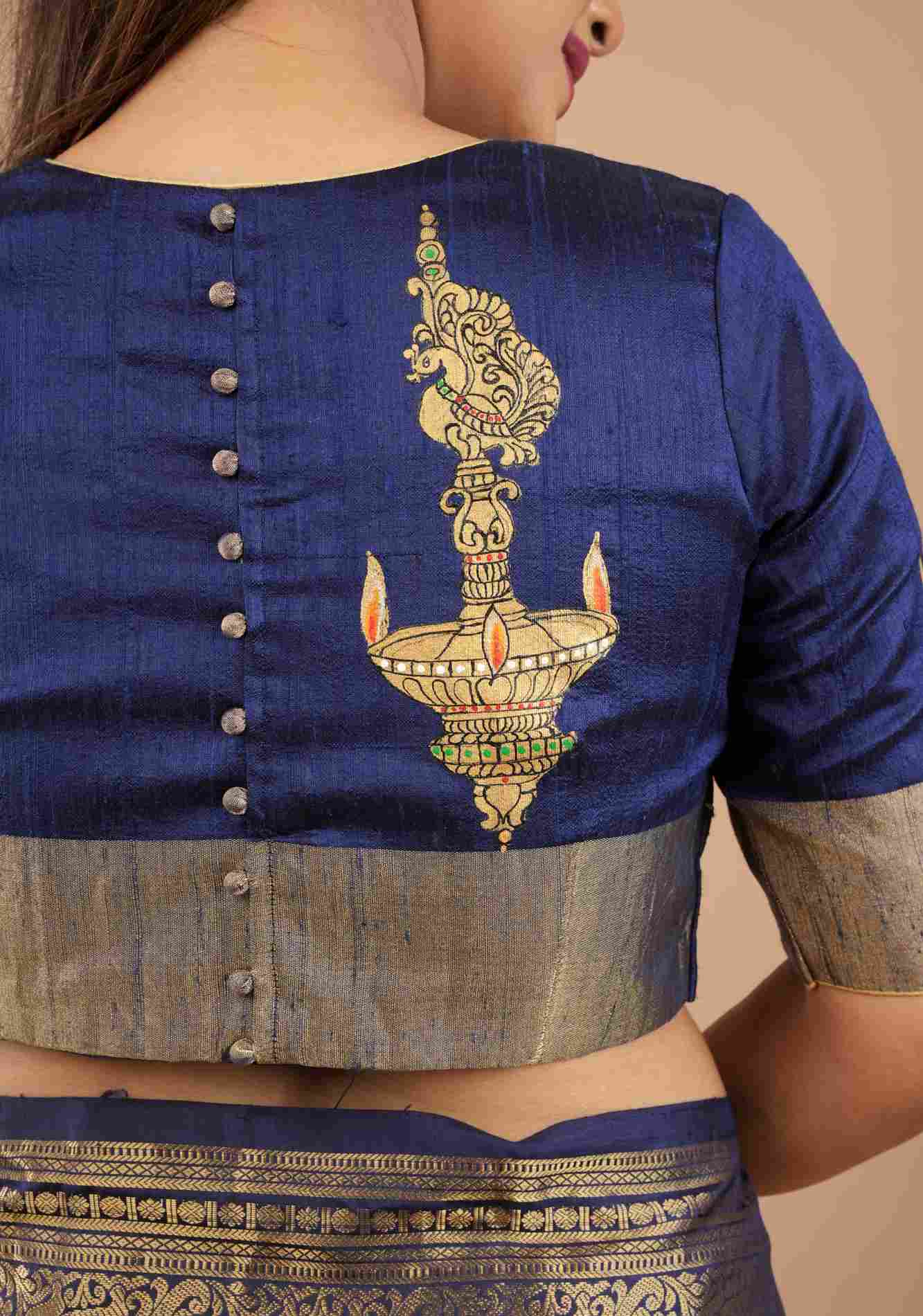 Lamp Handpainting on pure Raw Silk Navy Blue Blouse with Tissue Borders and Potli detailing, Customizable, made to order