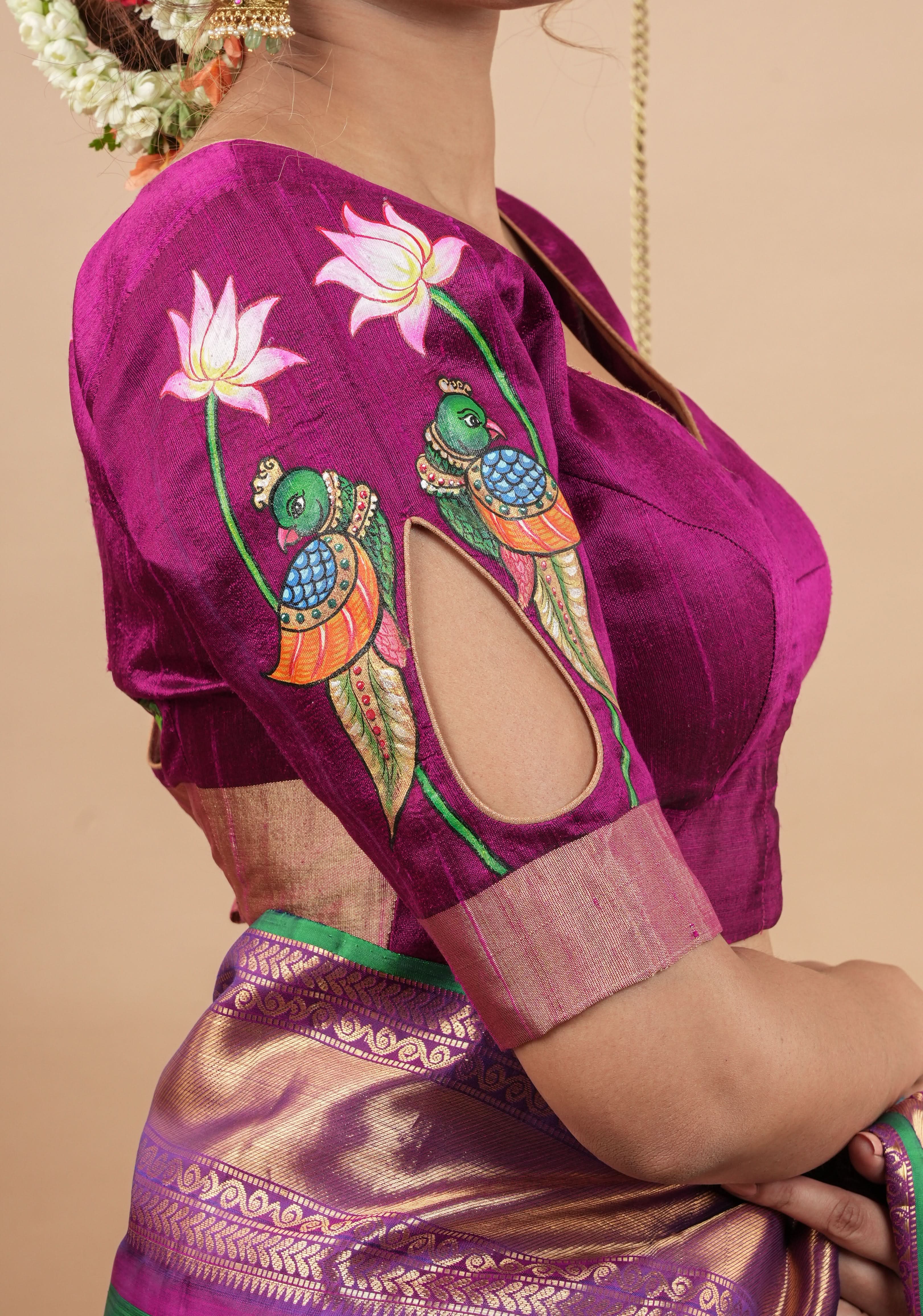 Tanjore Parrots - Pure Raw silk blouse with Handpainting and cutout design, Made to Order | Shobitam