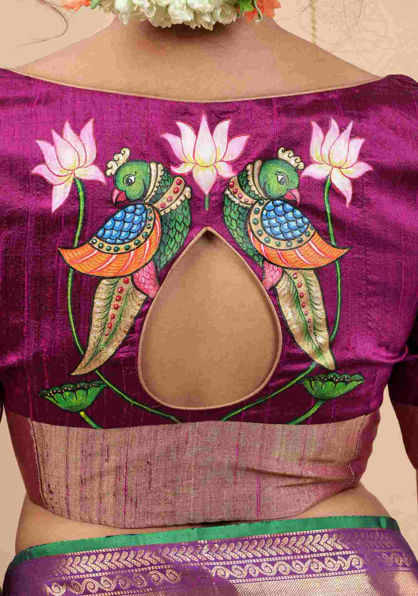 Tanjore Parrots - Pure Raw silk blouse with Handpainting and cutout design, Made to Order