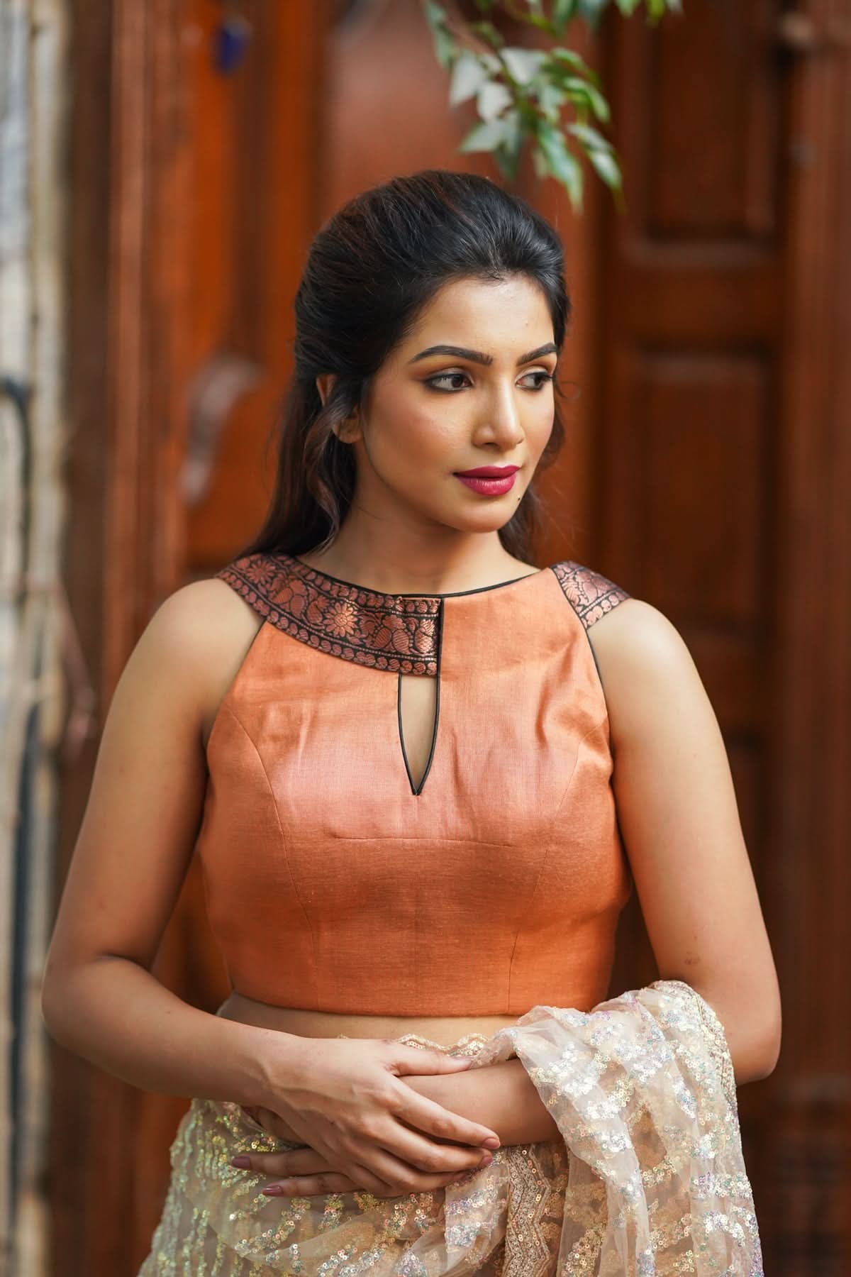 Copper shimmer boatneck blouse with border detailing, Made to Order | Shobitam