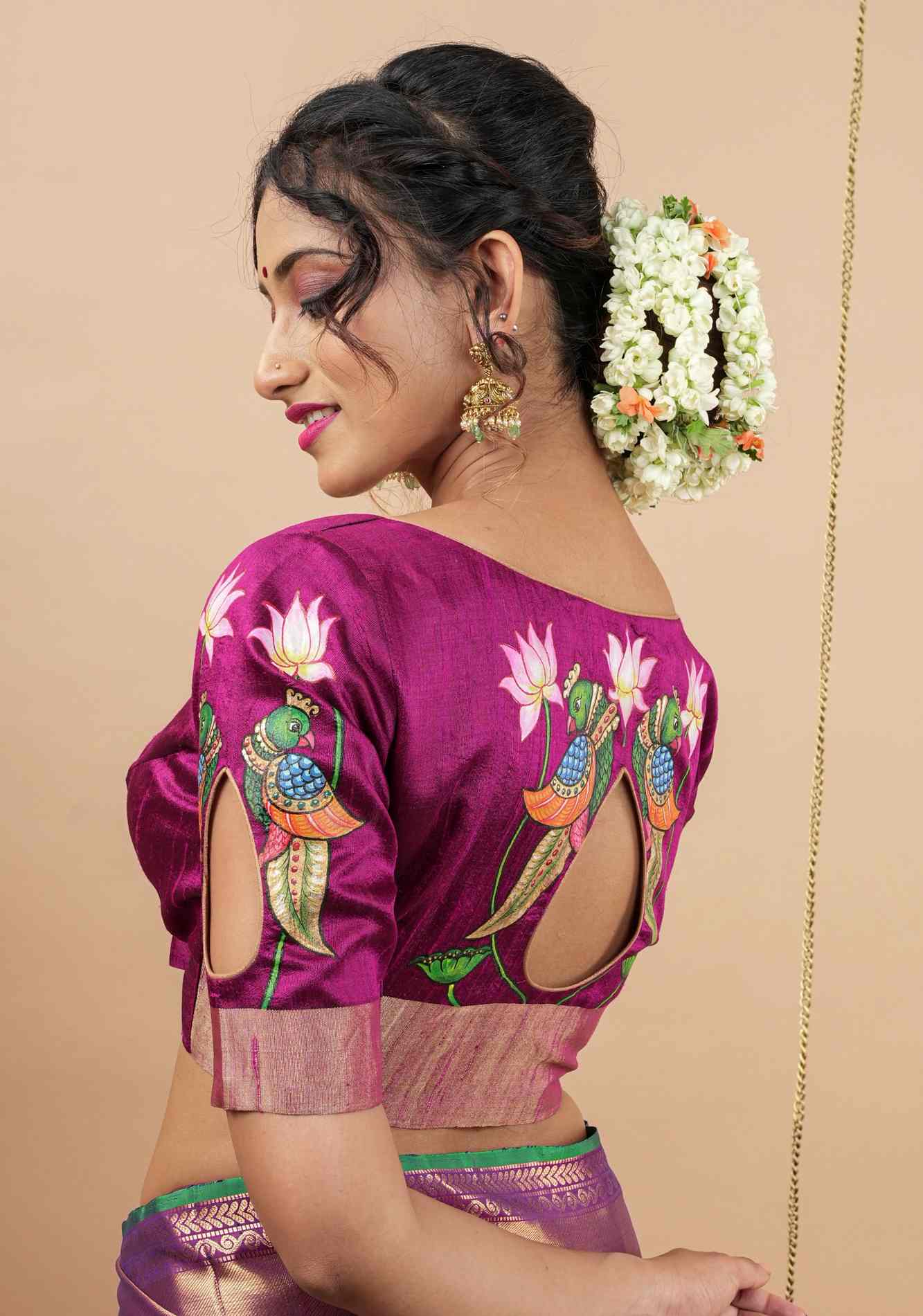 Tanjore Parrots - Pure Raw silk blouse with Handpainting and cutout design, Made to Order
