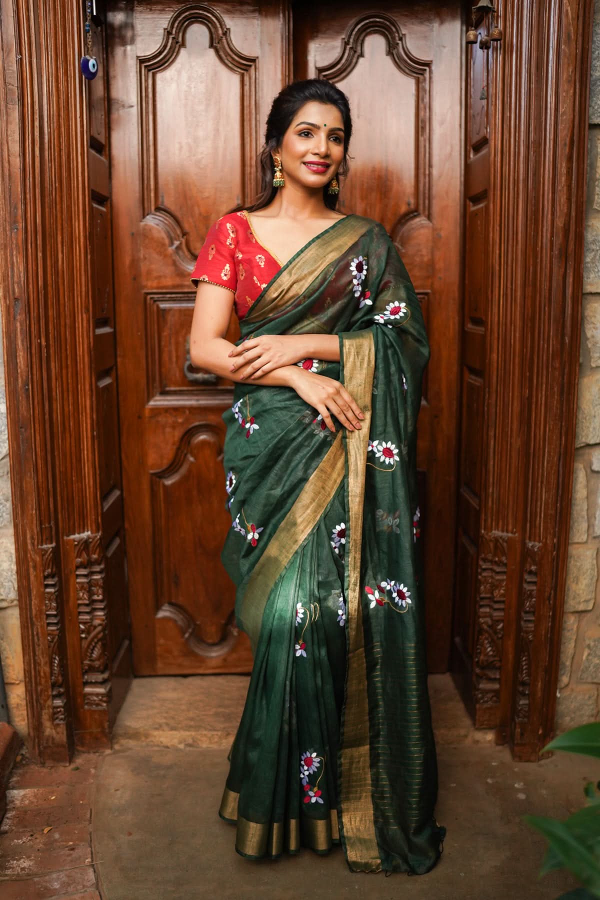 Hunter Green Silk Linen Saree with Moti Nath Embroidery,Woven zari Borders and Long Tassels | Shobitam