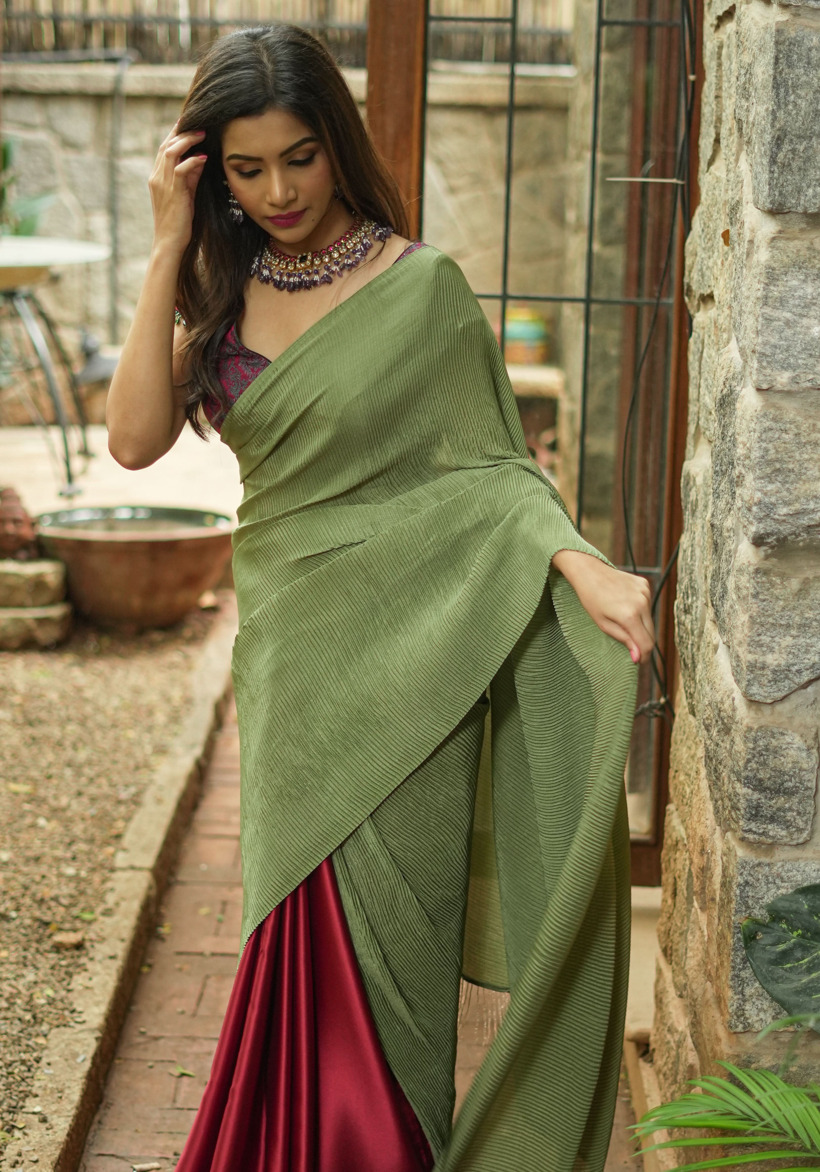 Pleated Satin saree in Sage Green and Maroon, No Blouse Piece | Shobitam