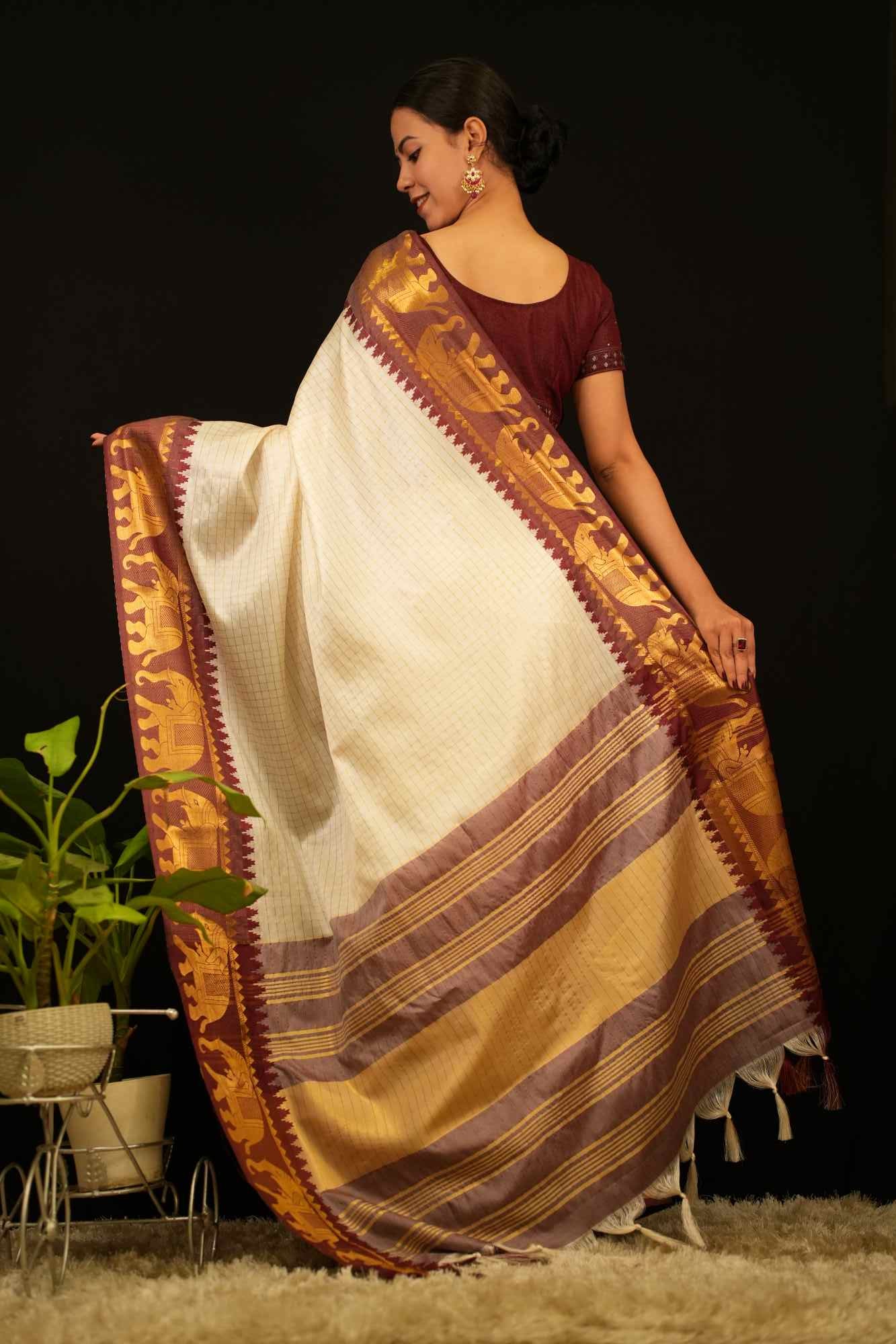 Rashmika inspired Elephant Motif Zari Border Wrap in 1 minute Saree