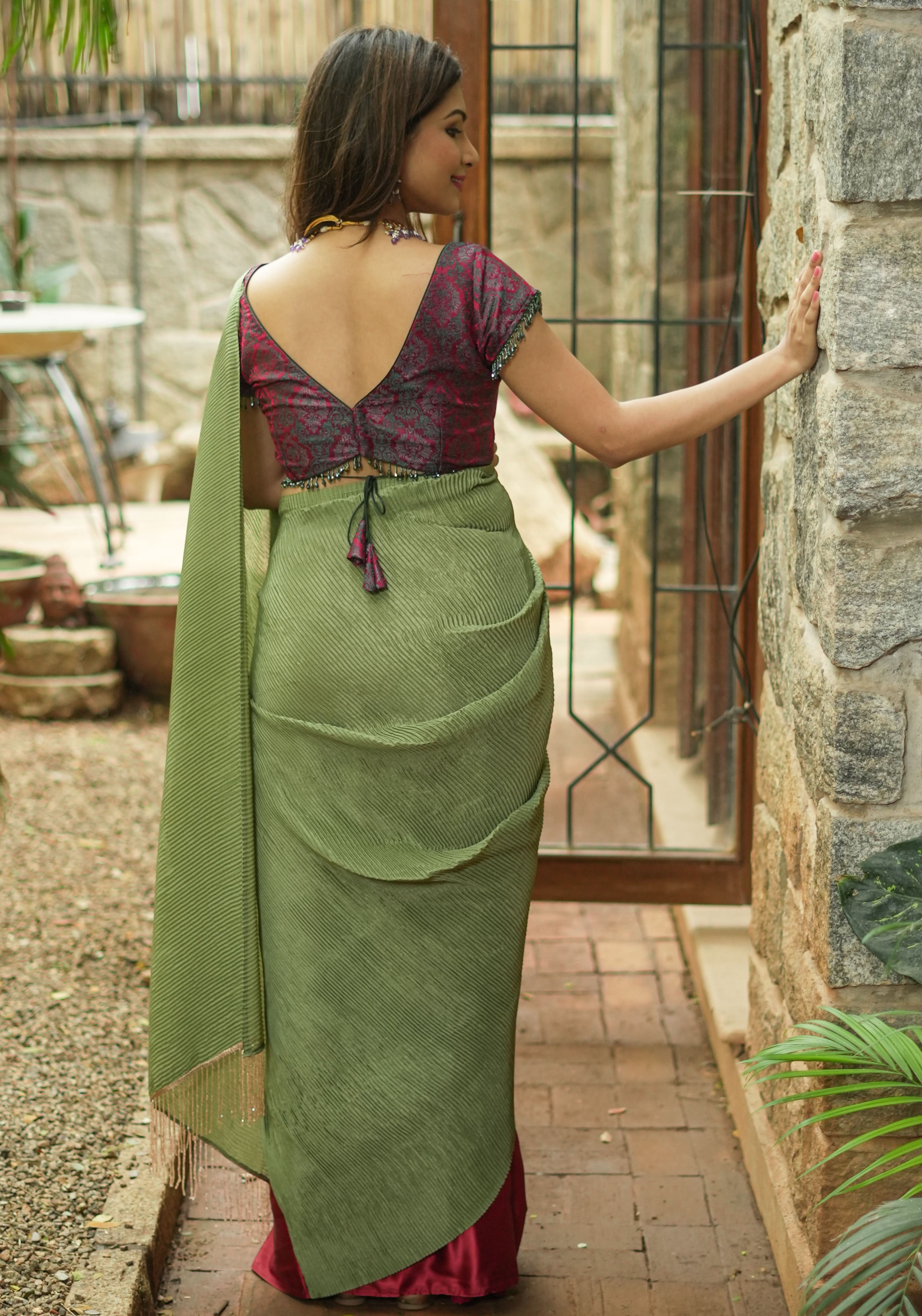 Pleated Satin saree in Sage Green and Maroon, No Blouse Piece | Shobitam