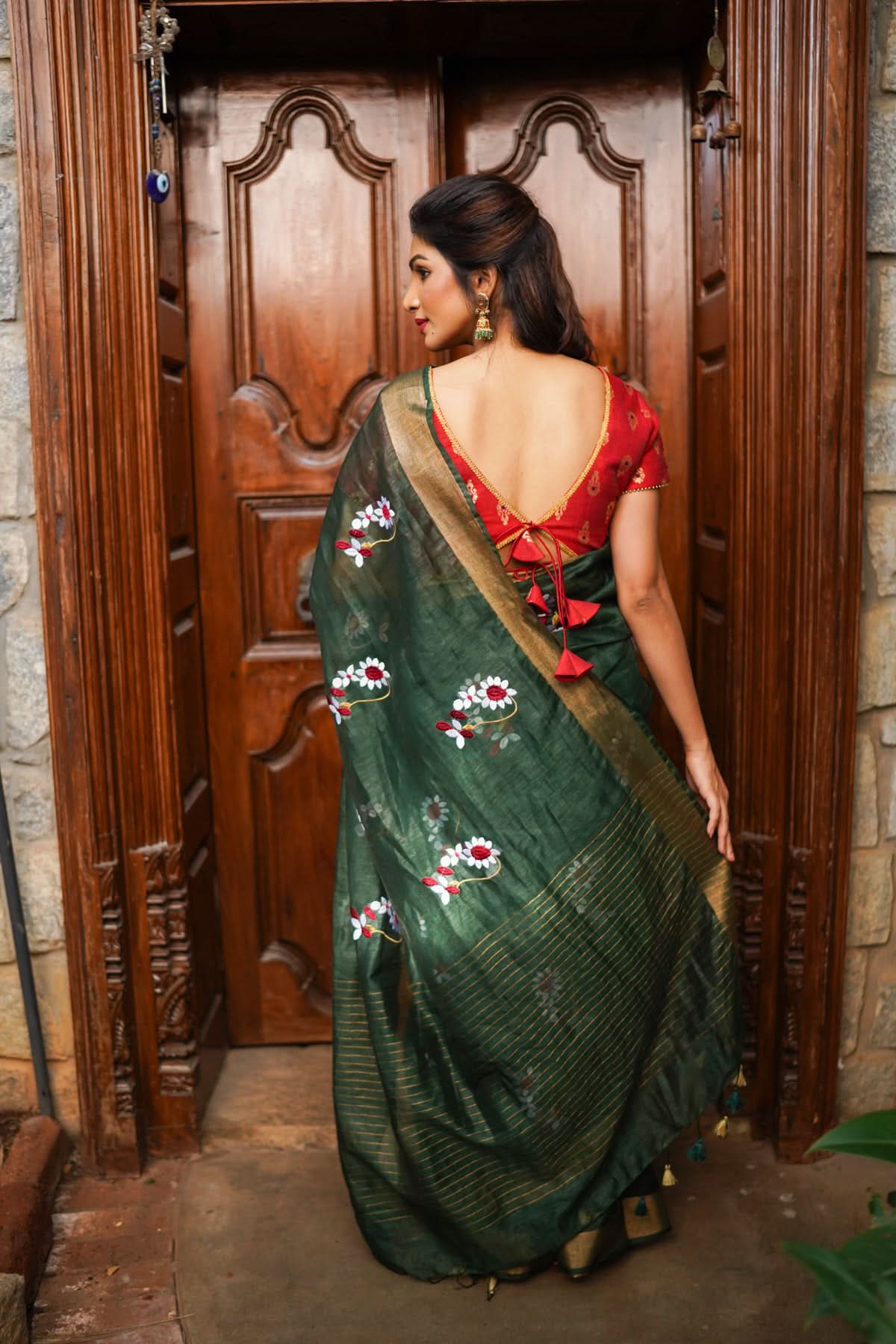 Hunter Green Silk Linen Saree with Moti Nath Embroidery,Woven zari Borders and Long Tassels | Shobitam