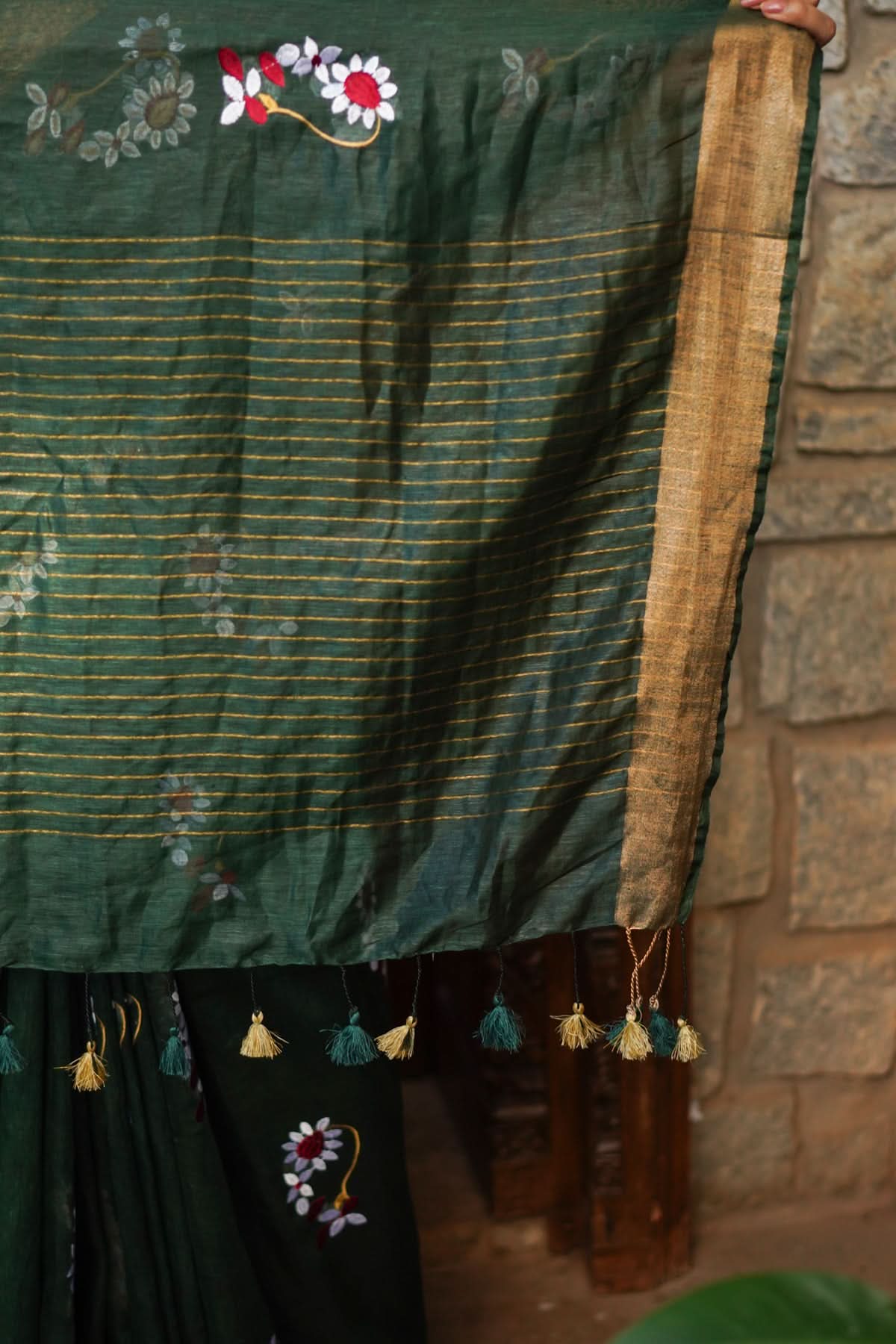 Hunter Green Silk Linen Saree with Moti Nath Embroidery,Woven zari Borders and Long Tassels | Shobitam