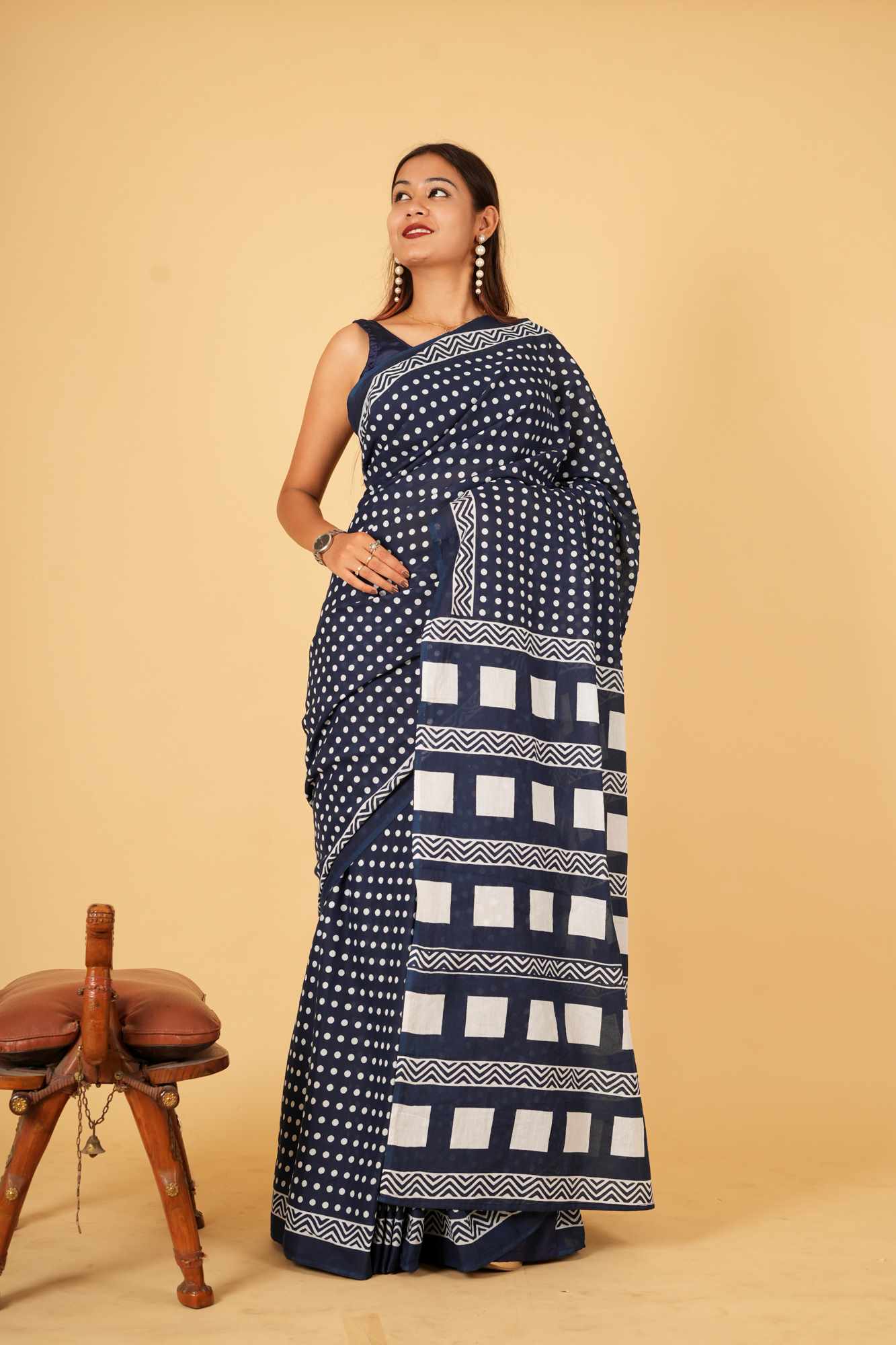Beautiful Indigo mulmul cotton ready to wear saree