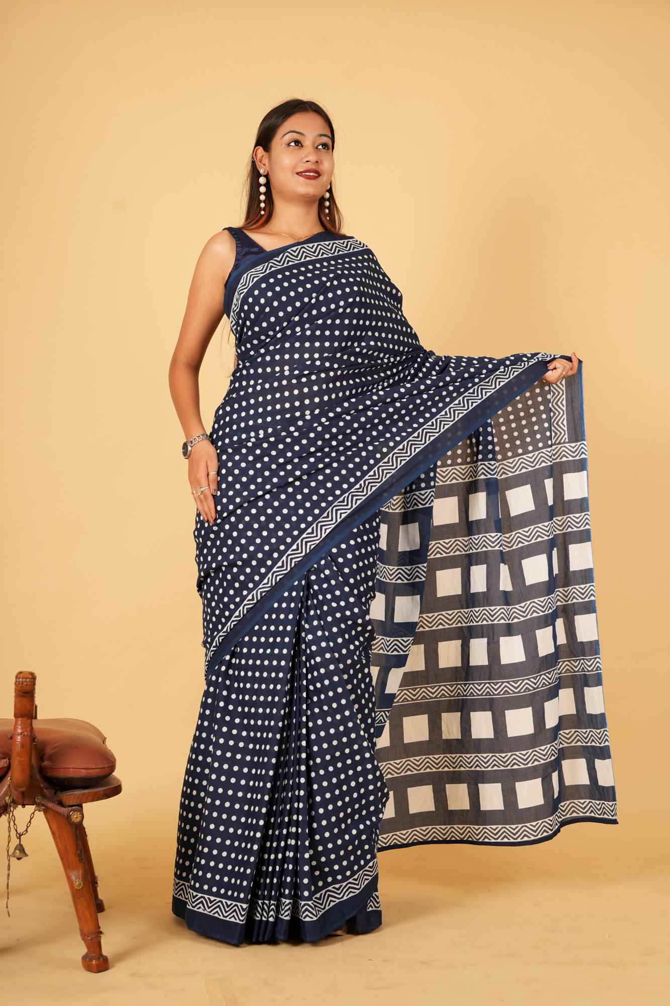 Beautiful Indigo mulmul cotton ready to wear saree
