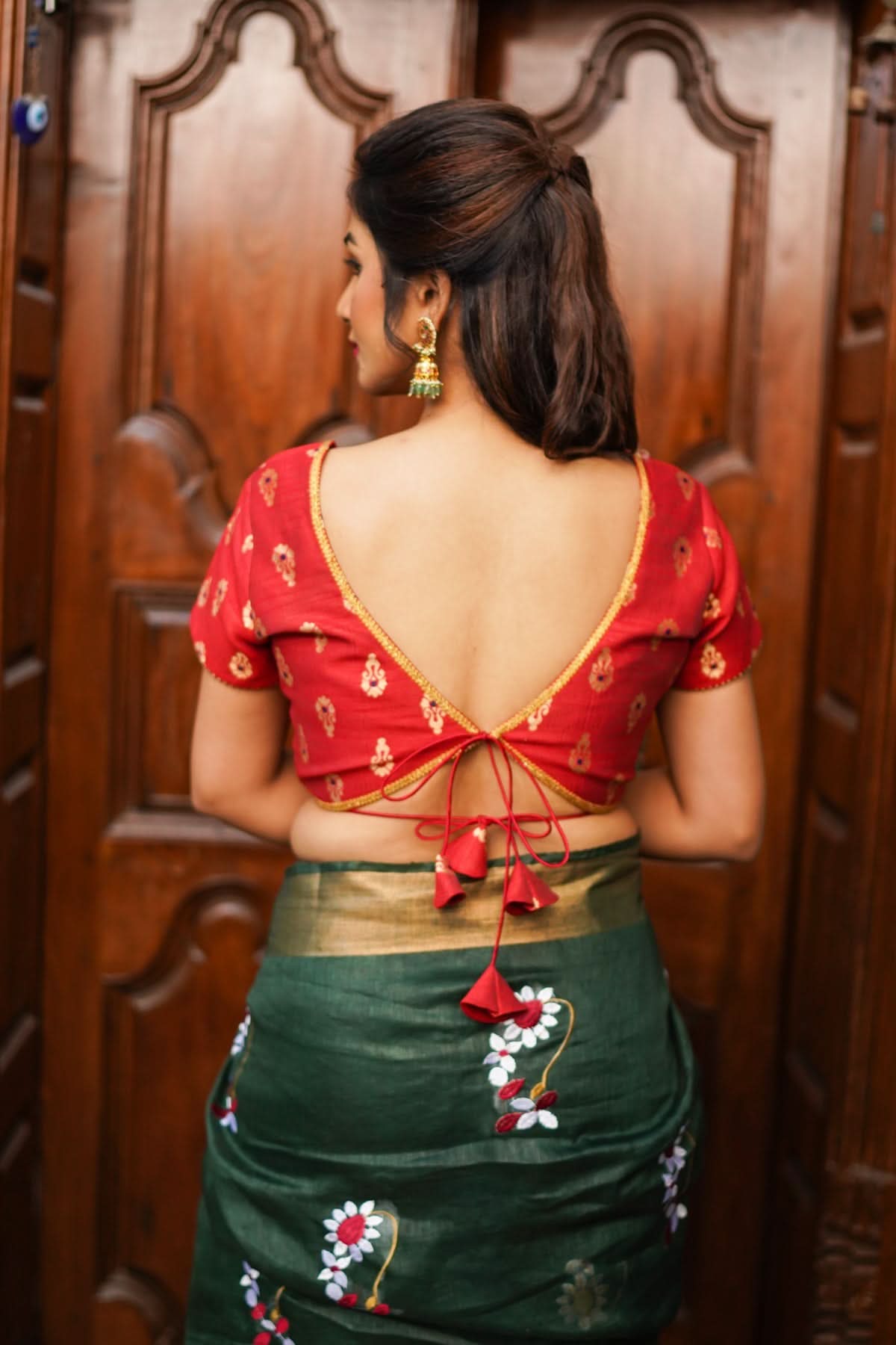 Deep V Neck Tie Back Blouse in Red with Gold Motifs! | Shobitam