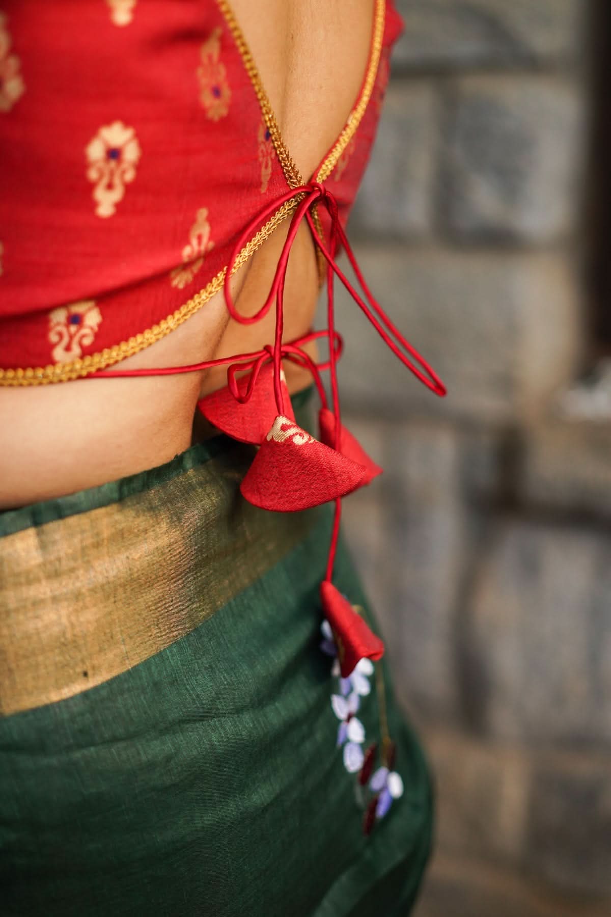 Deep V Neck Tie Back Blouse in Red with Gold Motifs! | Shobitam