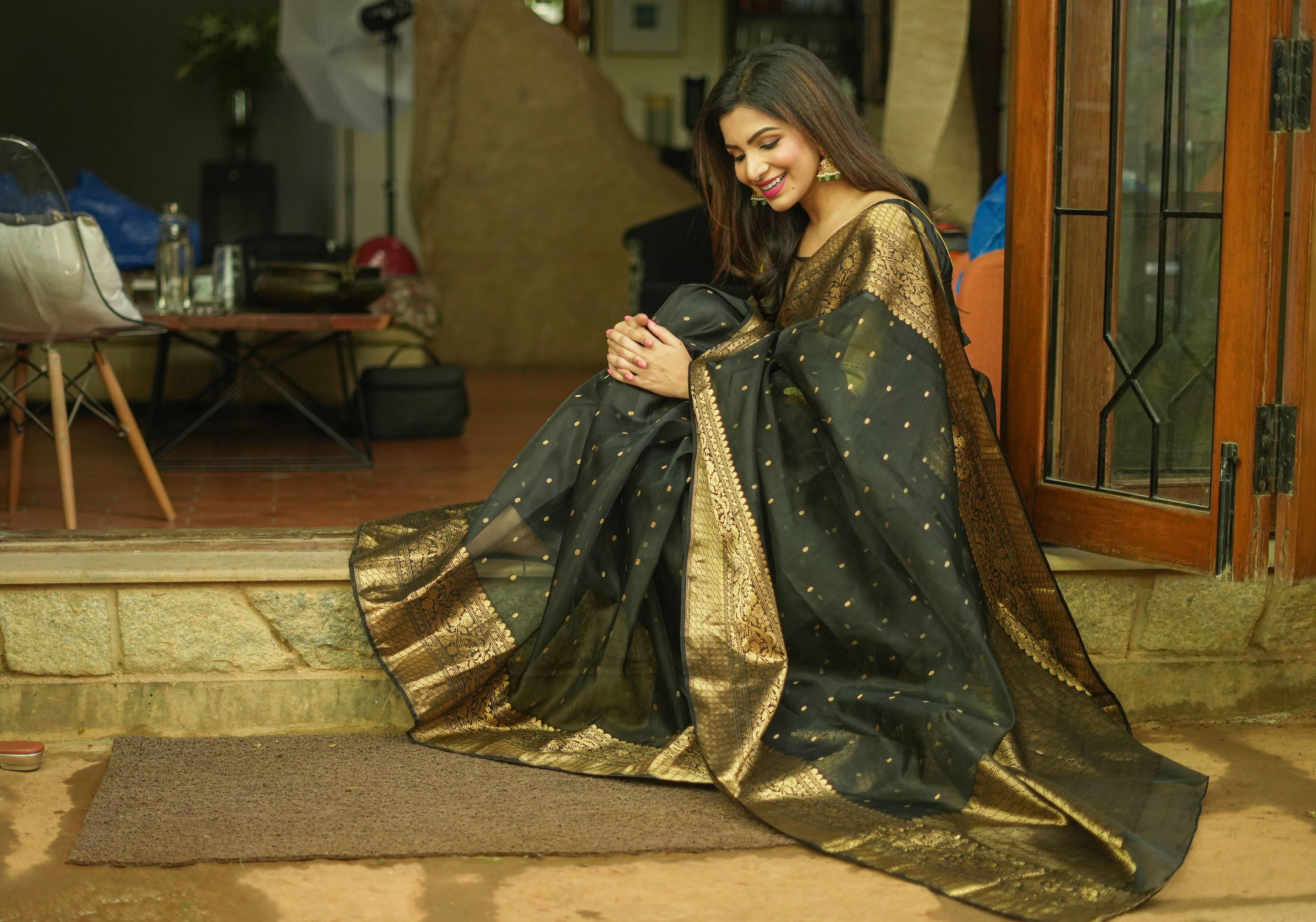Celebrity Chanderi Silk Saree in Black with Zari chunri Butis and wide zari border | Shobitam