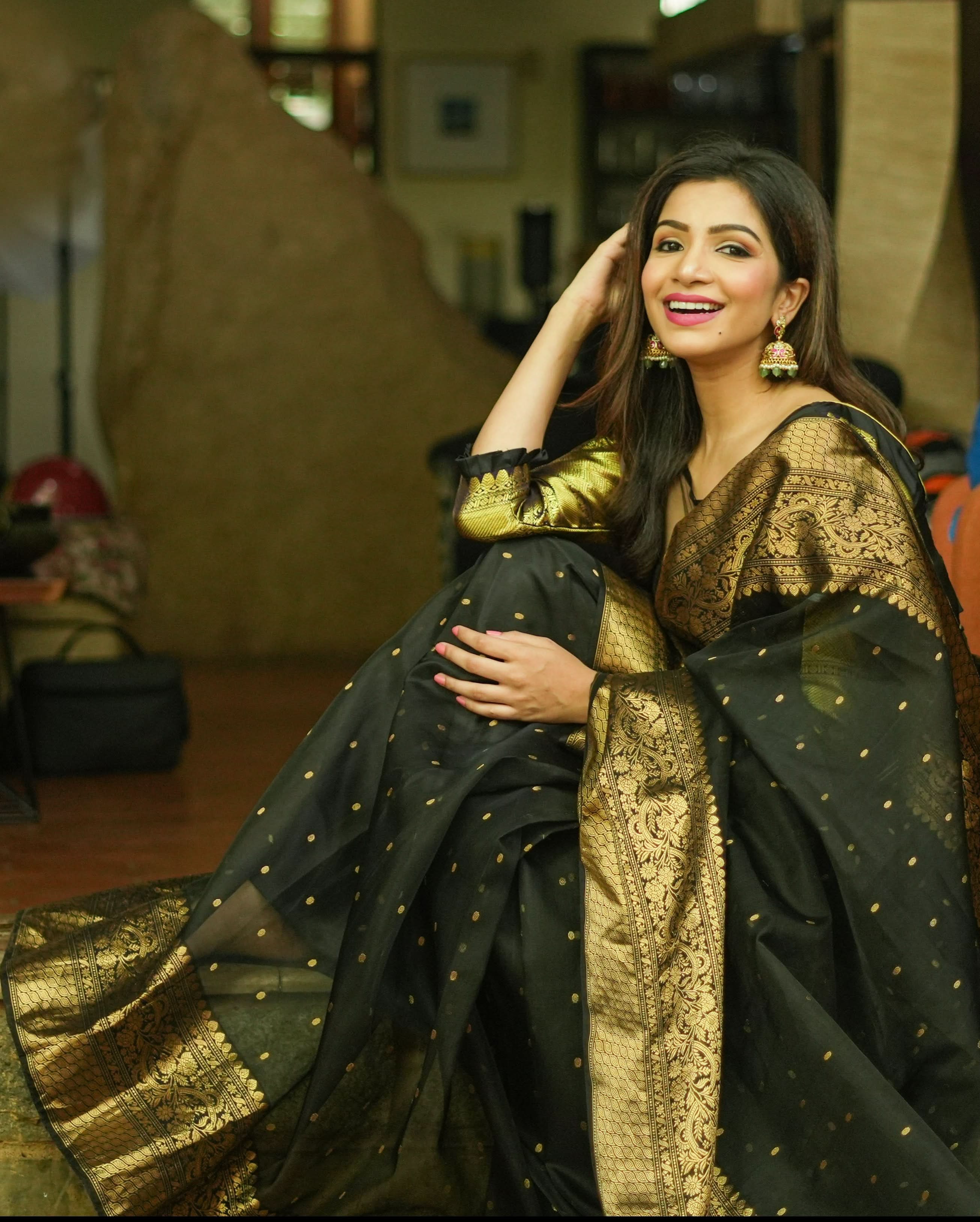 Celebrity Chanderi Silk Saree in Black with Zari chunri Butis and wide zari border | Shobitam
