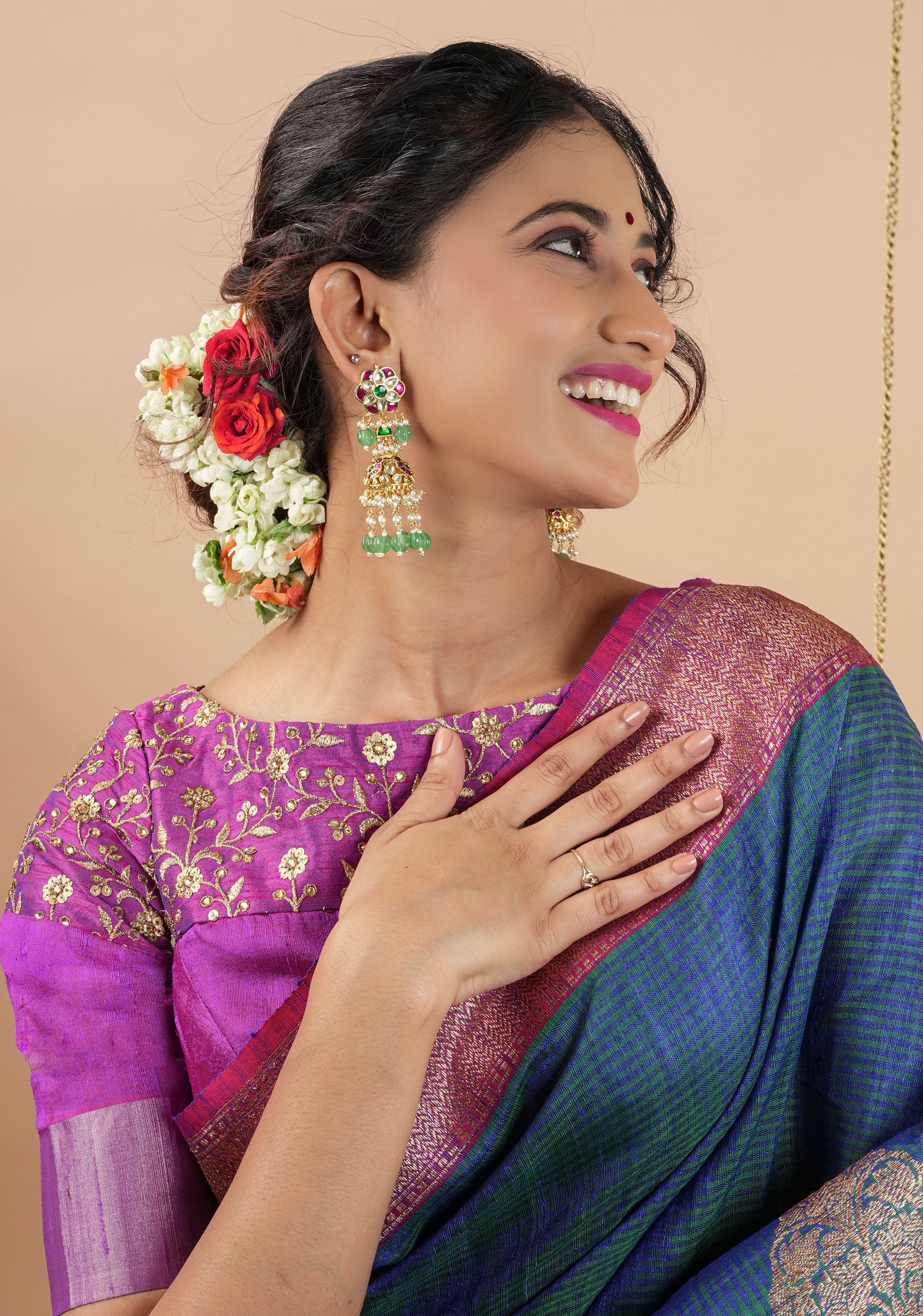 Pure Raw Silk Blouse in Purple with golden Jaal embroidered Yoke,Made to Order | Shobitam