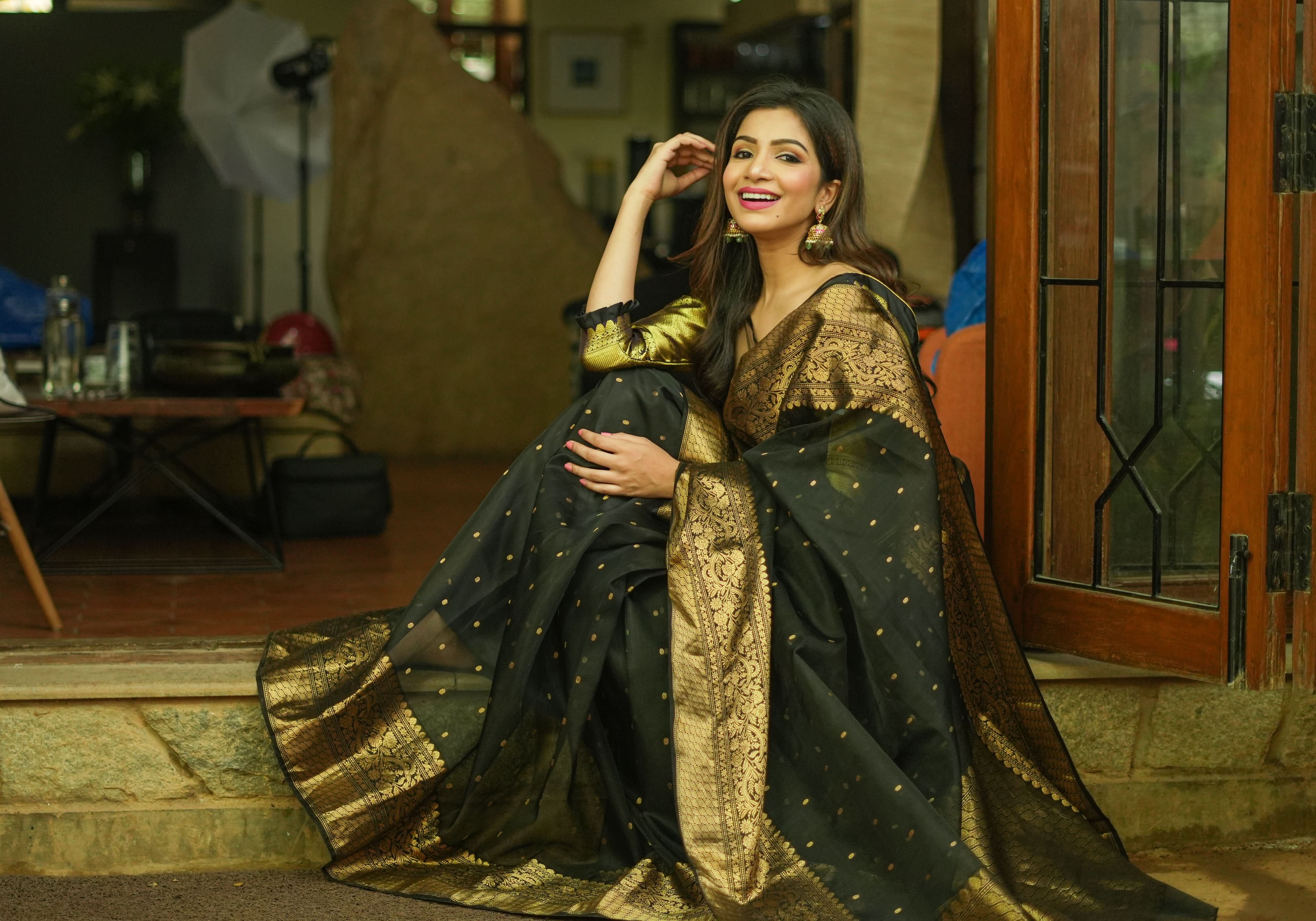 Celebrity Chanderi Silk Saree in Black with Zari chunri Butis and wide zari border | Shobitam