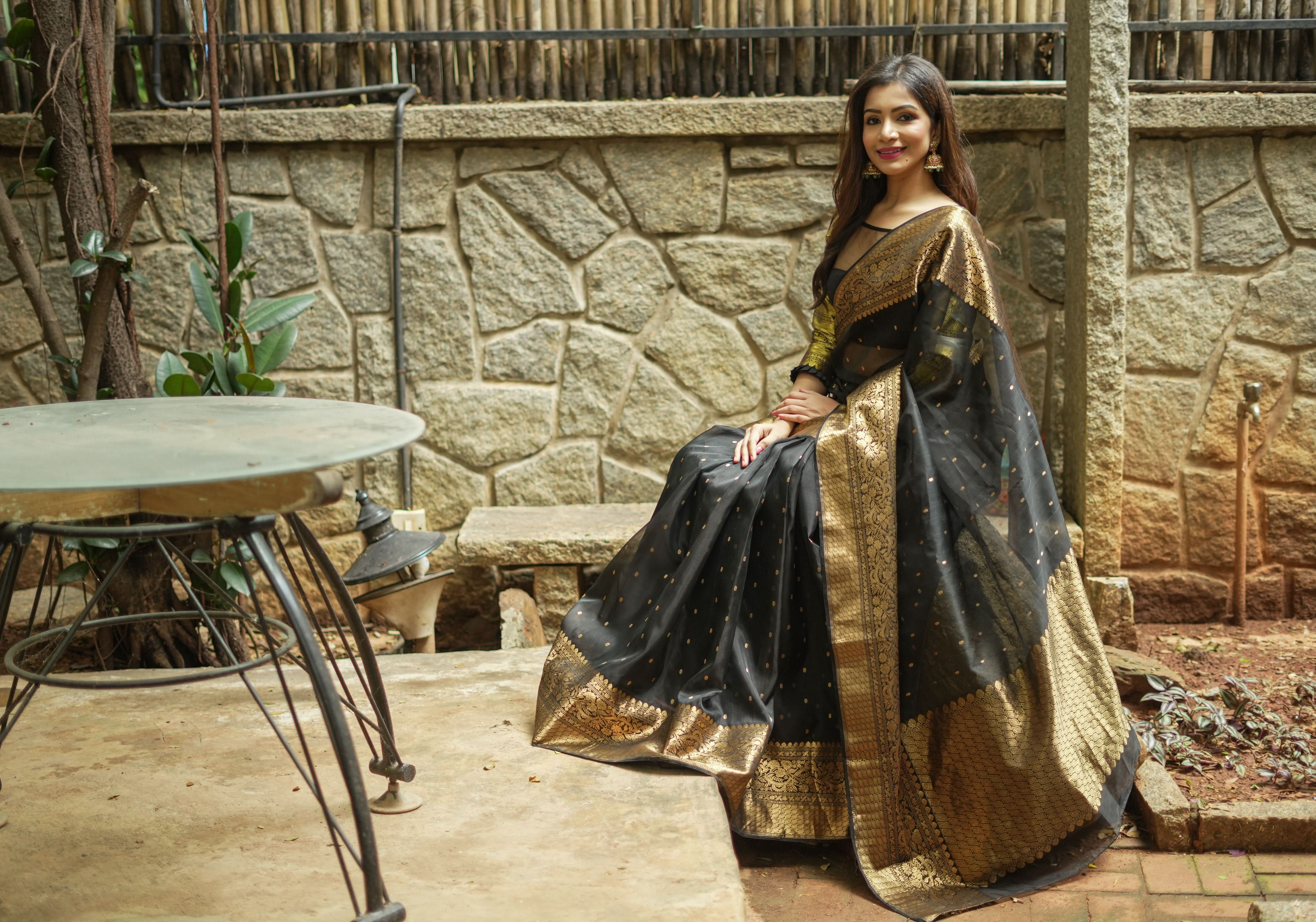 Celebrity Chanderi Silk Saree in Black with Zari chunri Butis and wide zari border | Shobitam