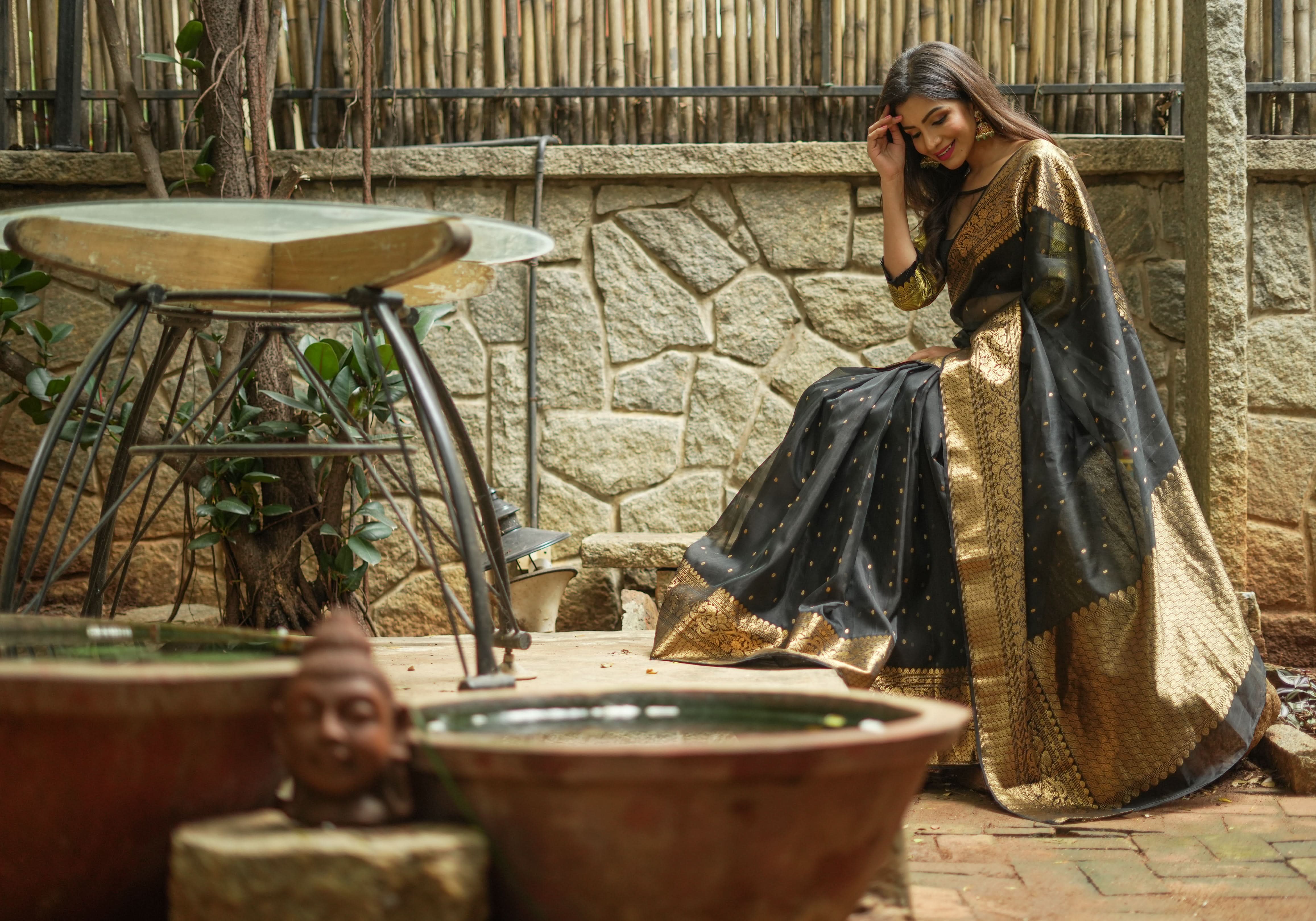 Celebrity Chanderi Silk Saree in Black with Zari chunri Butis and wide zari border | Shobitam