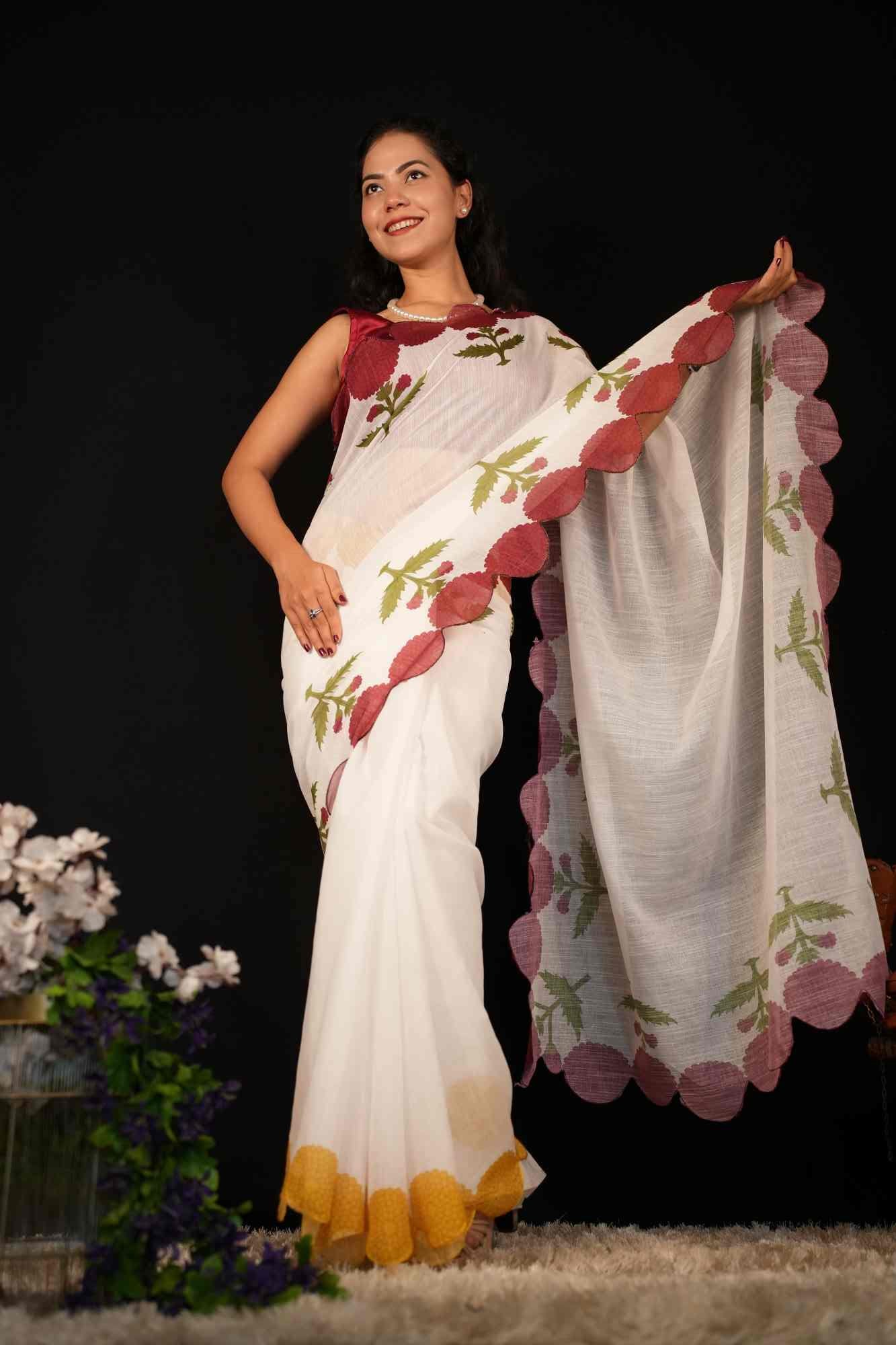 Beautiful Soft Linen Off White Solid & Printed scalloped Bordered Pre Drape Saree