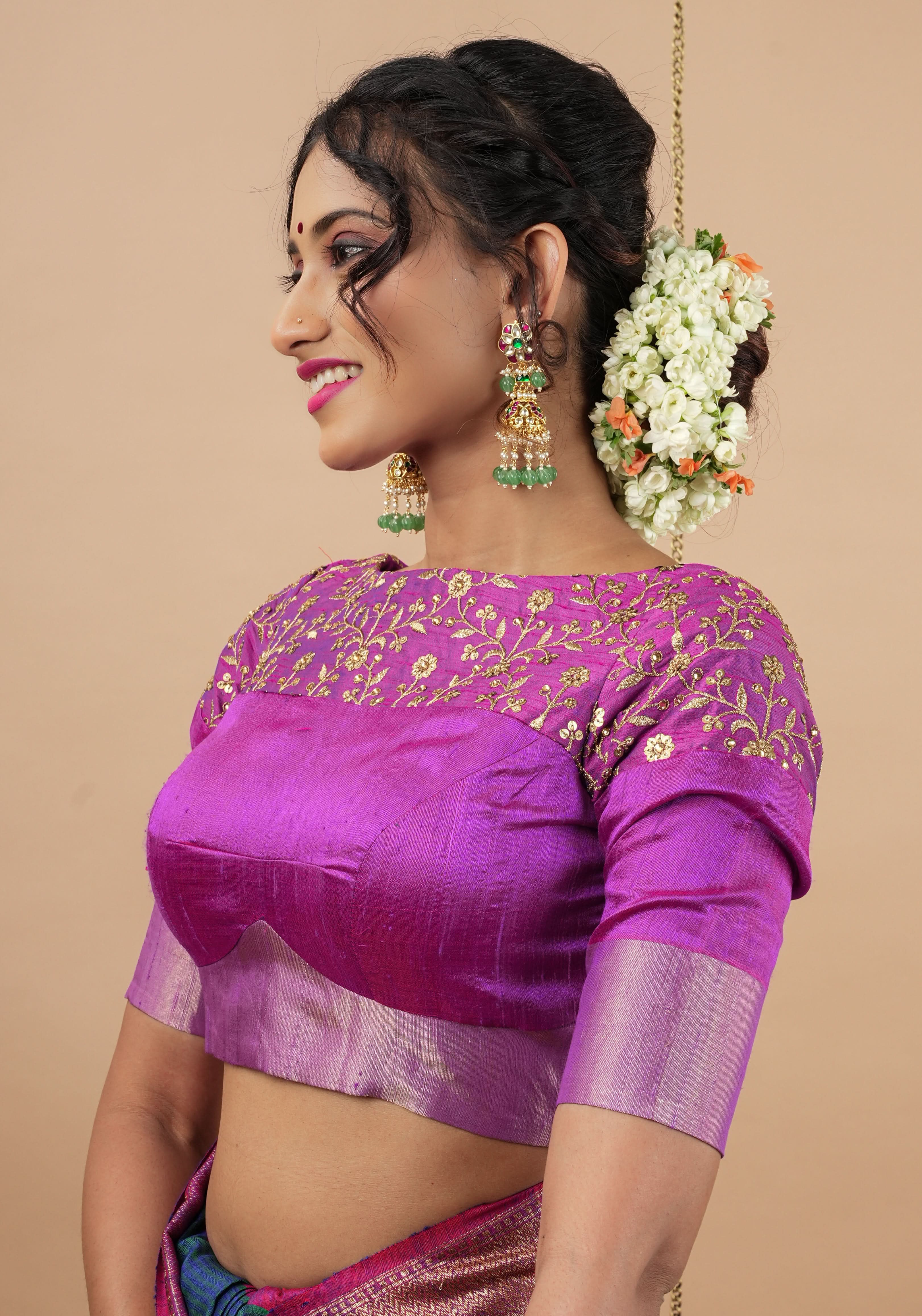 Pure Raw Silk Blouse in Purple with golden Jaal embroidered Yoke,Made to Order | Shobitam