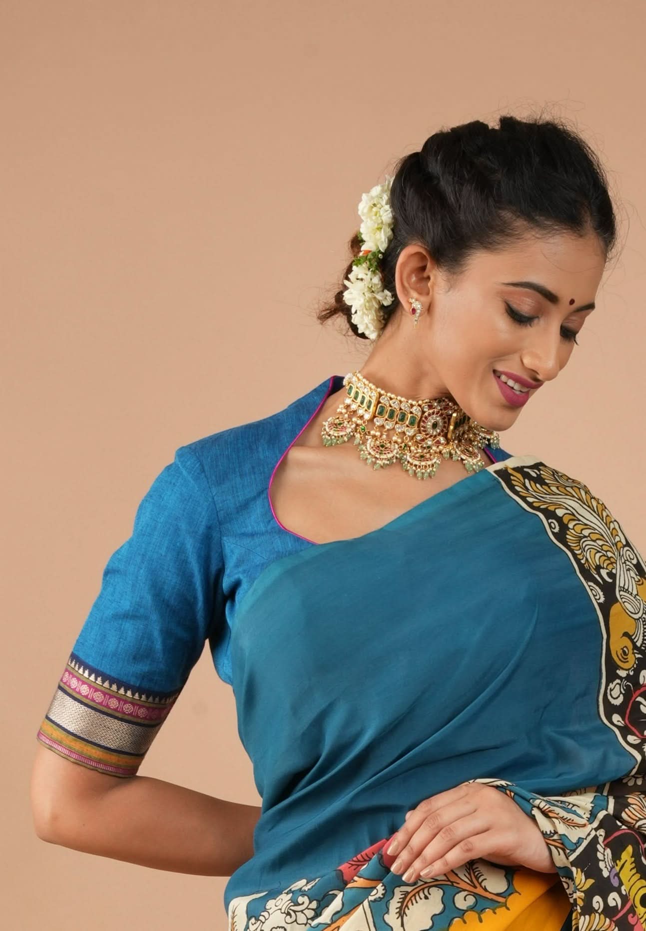 Copper Sulphate Blue Mangalagiri Cotton Blouse with Matka Neck and Cutout Detailing, Customizible,Made to order | Shobitam