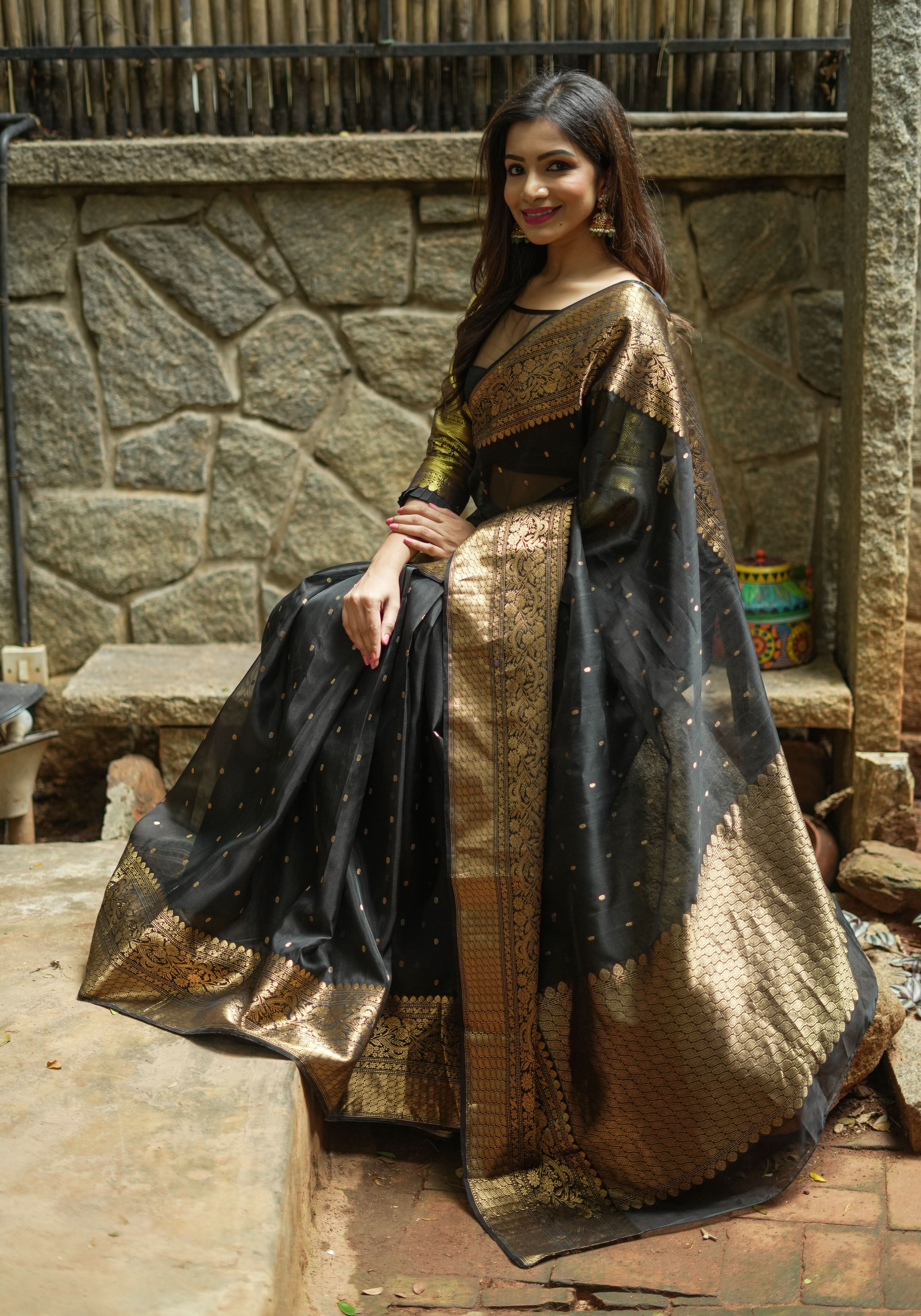 Celebrity Chanderi Silk Saree in Black with Zari chunri Butis and wide zari border | Shobitam