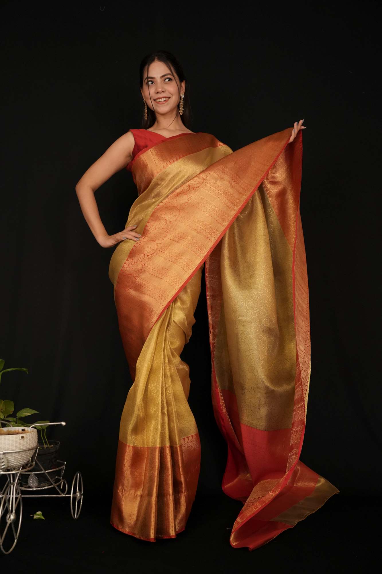 READY TO WEAR KANCHIPURAM WITH RED ZARI BORDER  WRAP IN 1 MINUTE SAREE