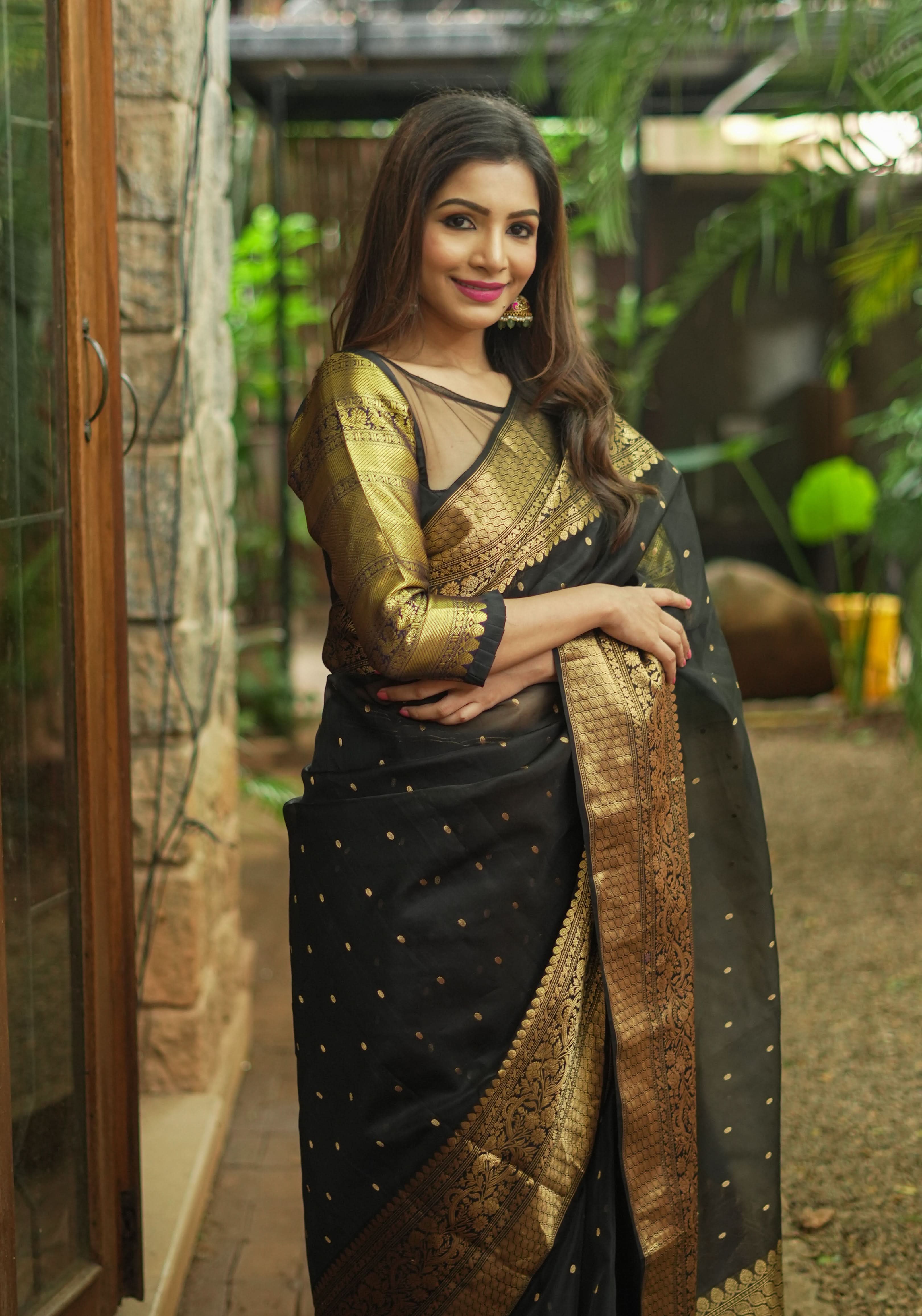 Celebrity Chanderi Silk Saree in Black with Zari chunri Butis and wide zari border | Shobitam