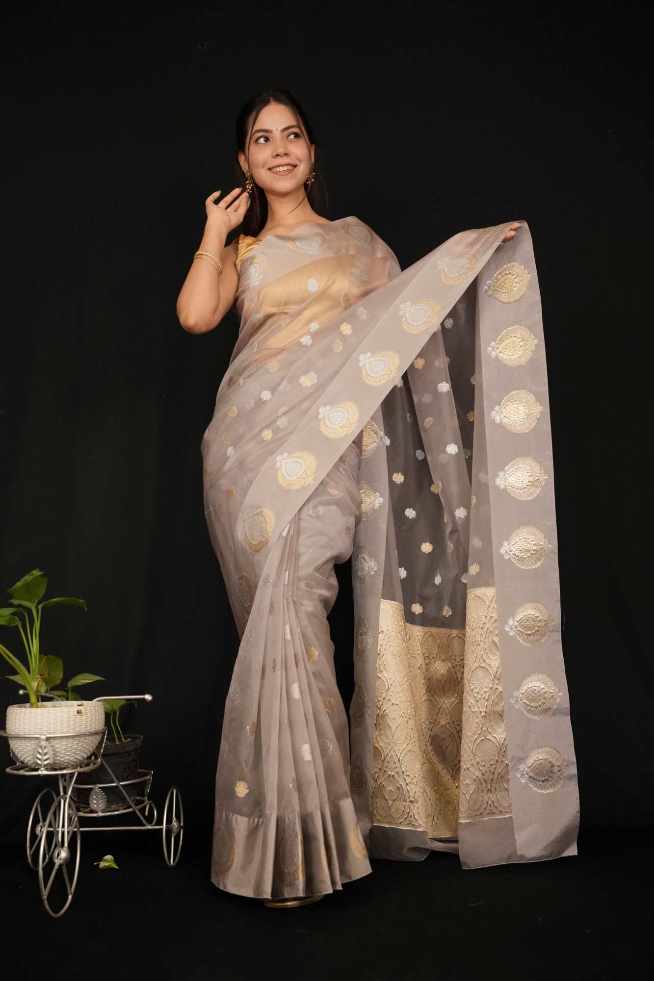 Premium Kota Silk Organza With Jacquard Weave Motifs & Ornate Palla Ready To Wear Saree