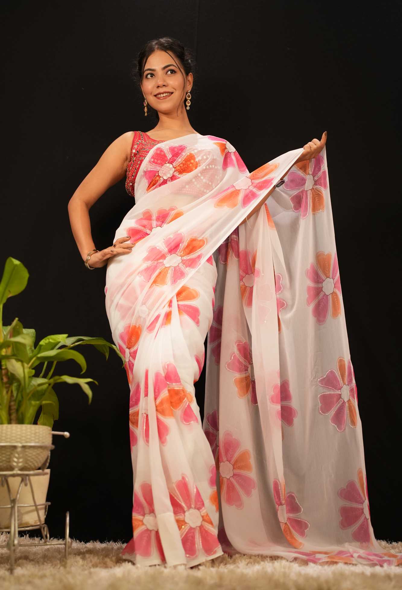 Beautiful Soft Georgette Digital Floral Printed With Sequins  Wrap in 1 minute saree & ornate mirror work blouse