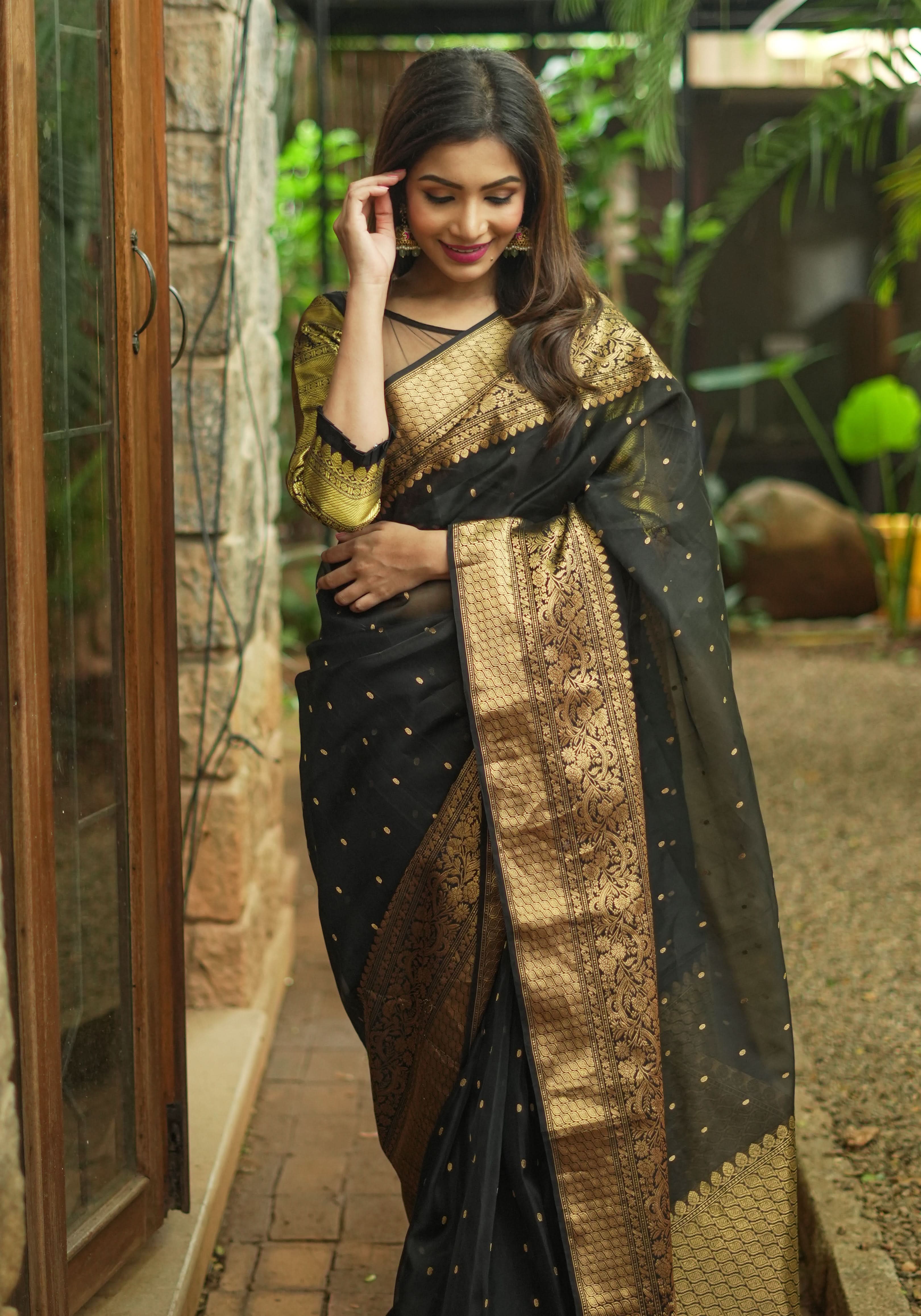 Celebrity Chanderi Silk Saree in Black with Zari chunri Butis and wide zari border | Shobitam