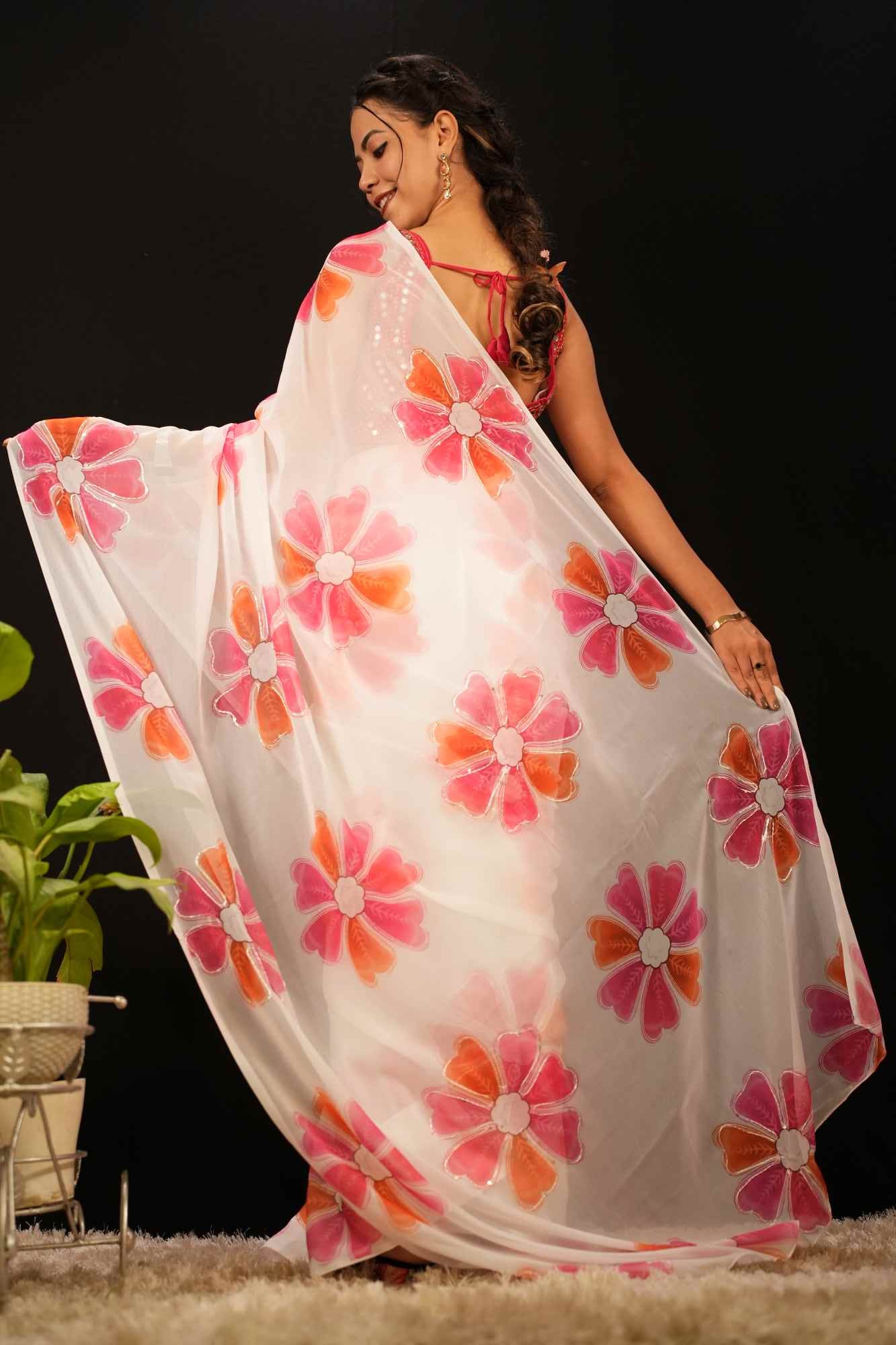 Beautiful Soft Georgette Digital Floral Printed With Sequins  Wrap in 1 minute saree & ornate mirror work blouse