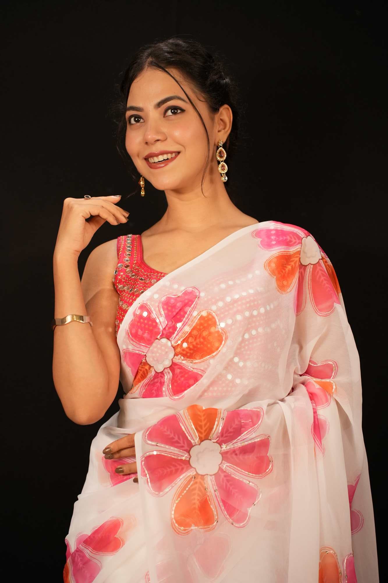 Beautiful Soft Georgette Digital Floral Printed With Sequins  Wrap in 1 minute saree & ornate mirror work blouse