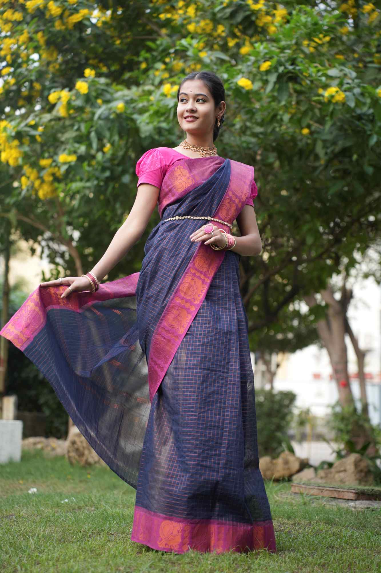 Blue Check Jute Cotton With Contrast Border Pink Zari Work Wrap In One Minute Saree