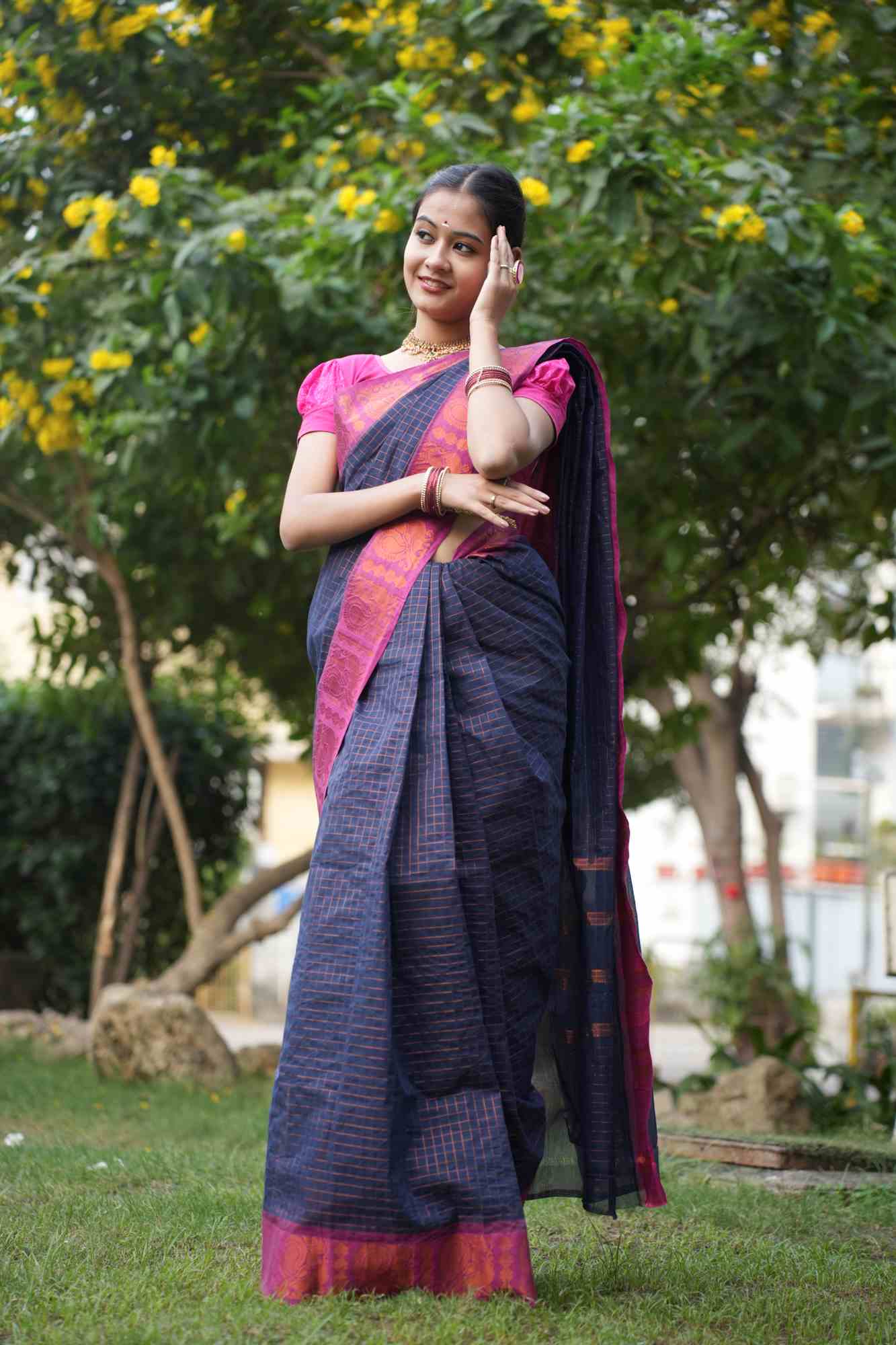 Blue Check Jute Cotton With Contrast Border Pink Zari Work Wrap In One Minute Saree