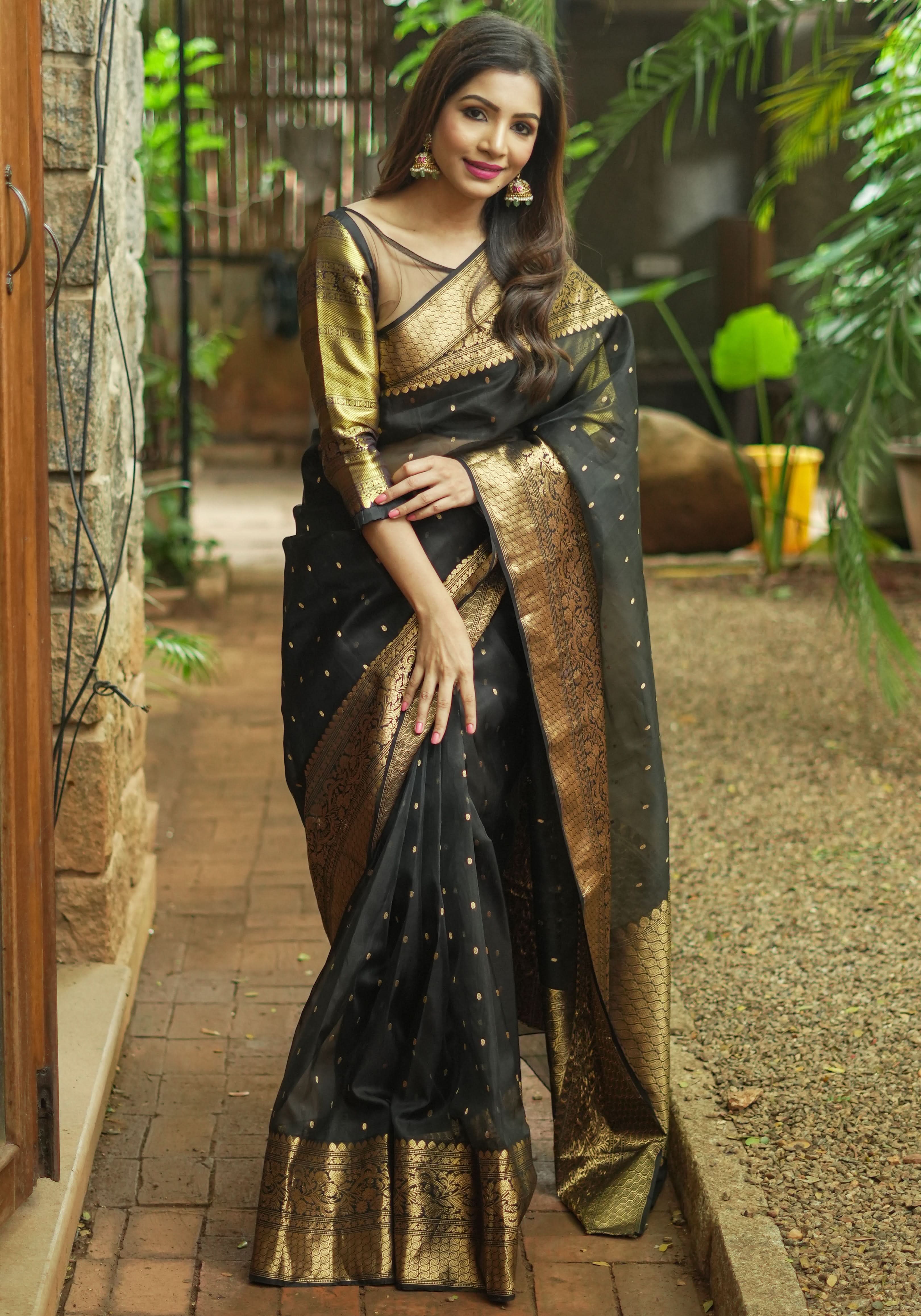 Celebrity Chanderi Silk Saree in Black with Zari chunri Butis and wide zari border | Shobitam