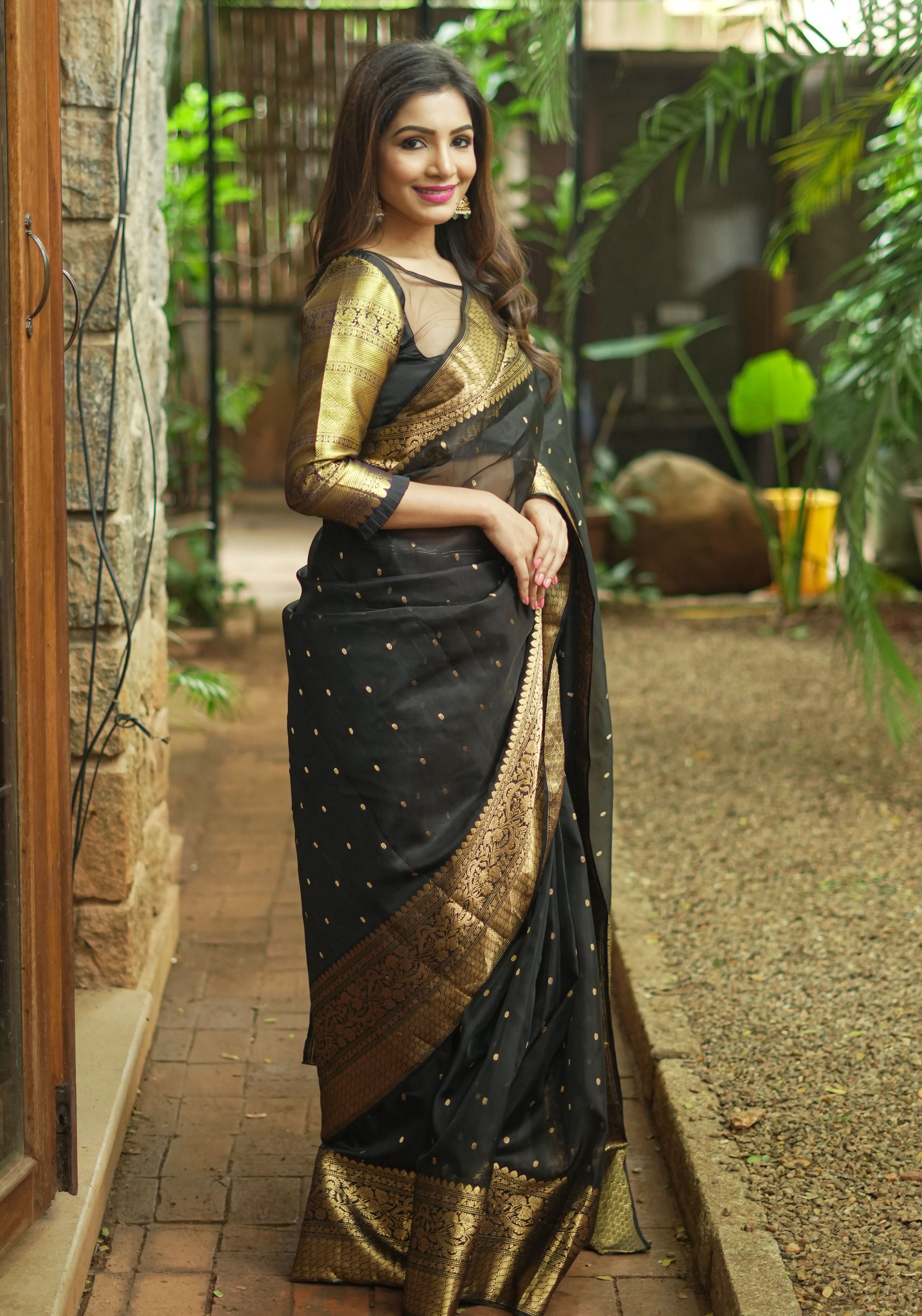 Celebrity Chanderi Silk Saree in Black with Zari chunri Butis and wide zari border | Shobitam