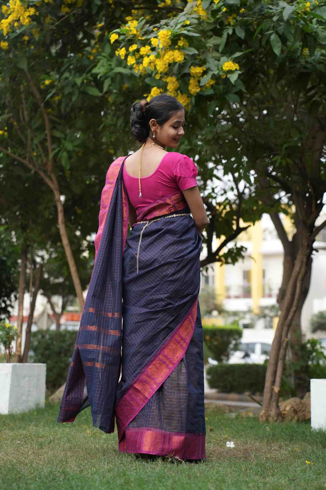 Blue Check Jute Cotton With Contrast Border Pink Zari Work Wrap In One Minute Saree