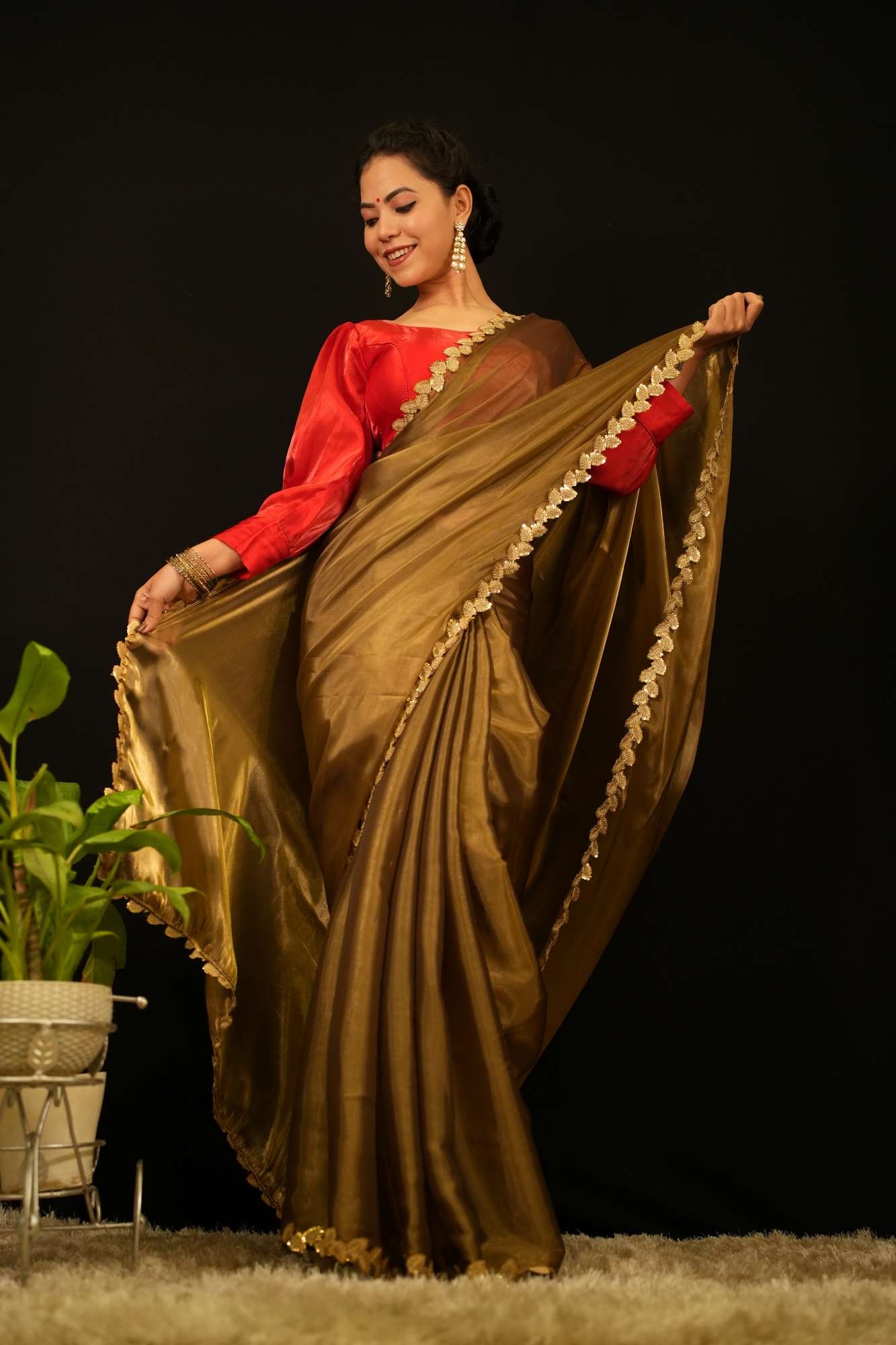 Gold Metal Tonned Soft Organza Leaf Detailed Sequin & Zari Woven Bordered Pre Drape Saree