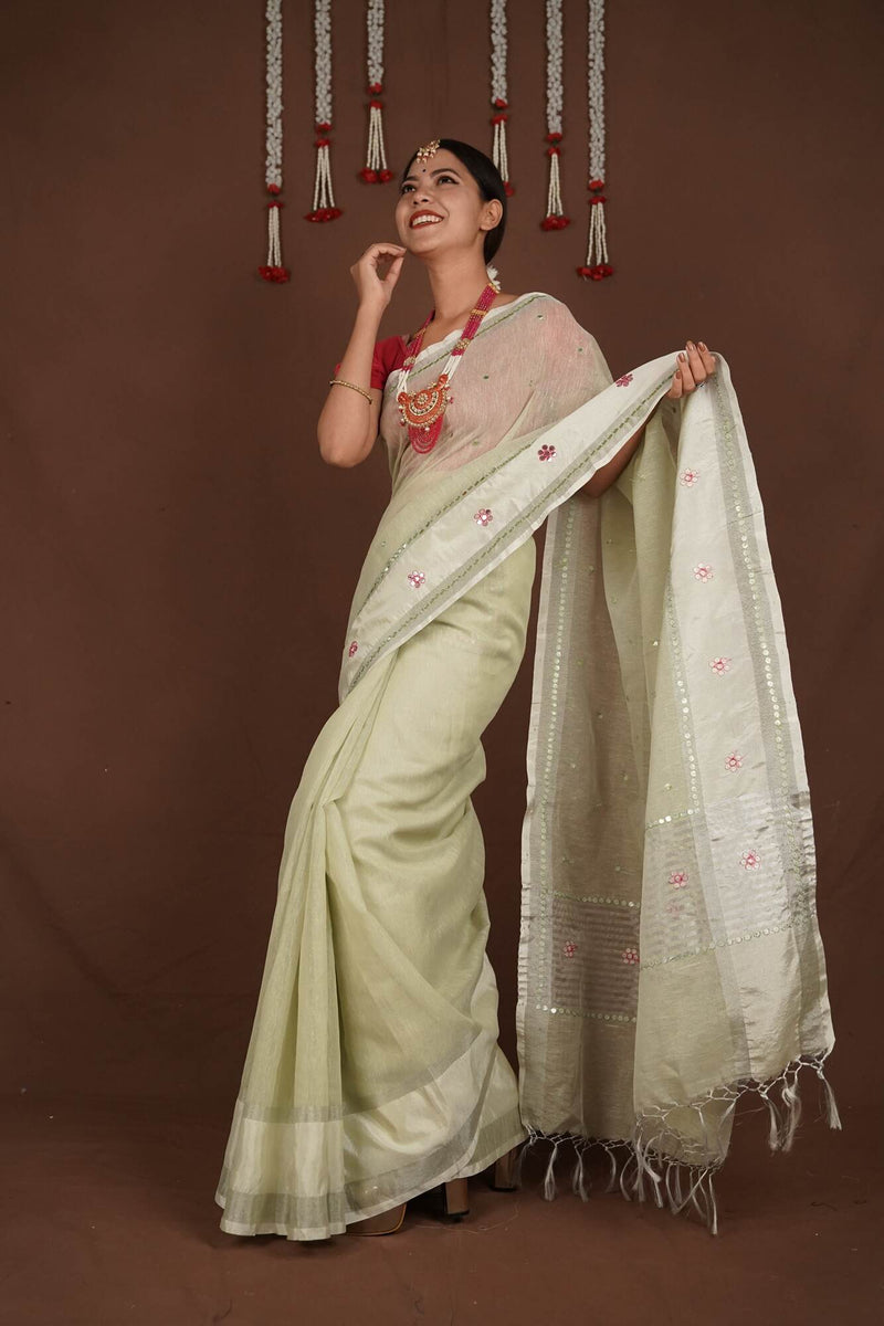 Delicate light mint green mirror work gota patti flower embroidery prestitched 1 min saree - Isadora Life Online Shopping Store
