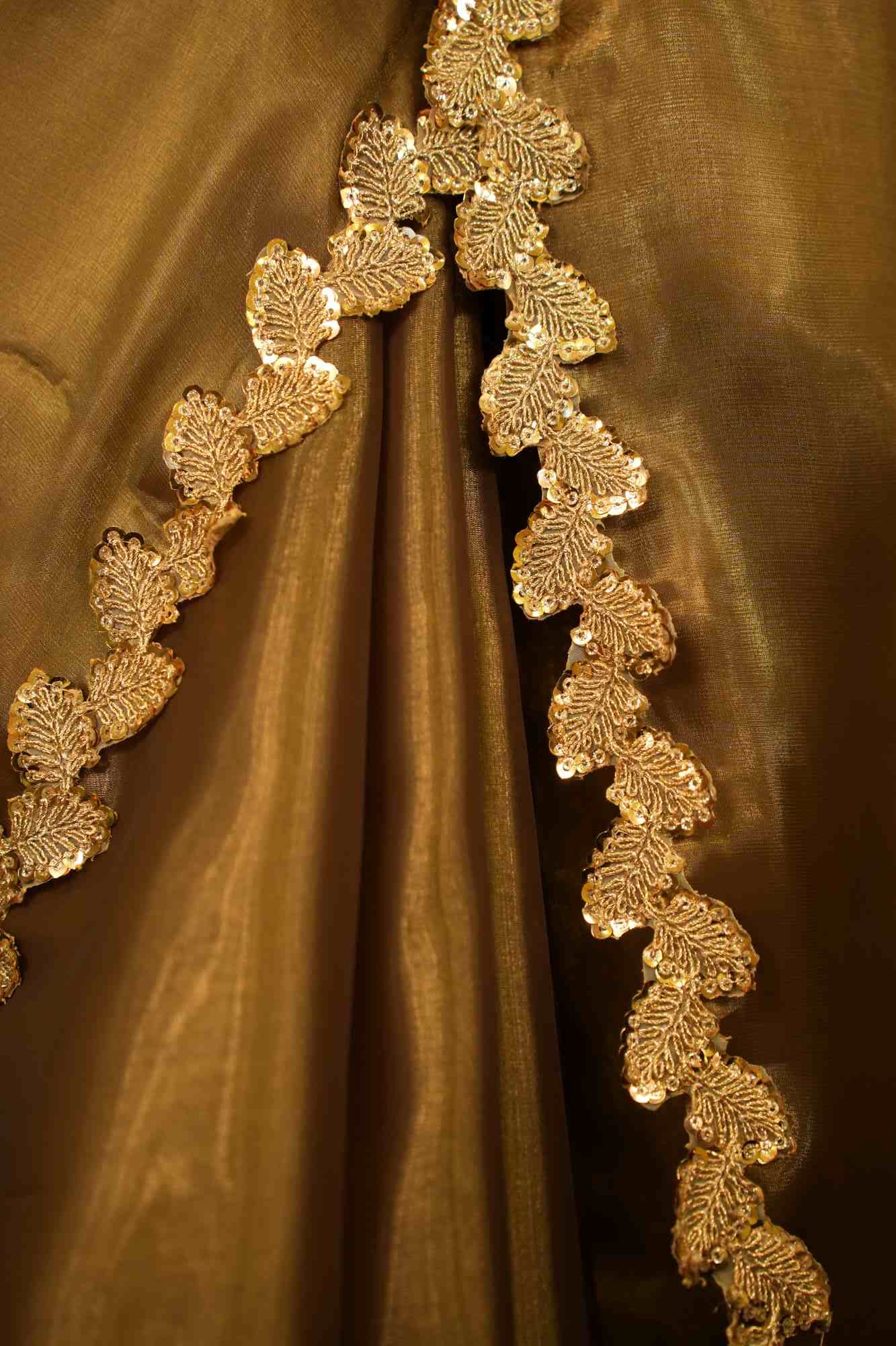 Gold Metal Tonned Soft Organza Leaf Detailed Sequin & Zari Woven Bordered Pre Drape Saree