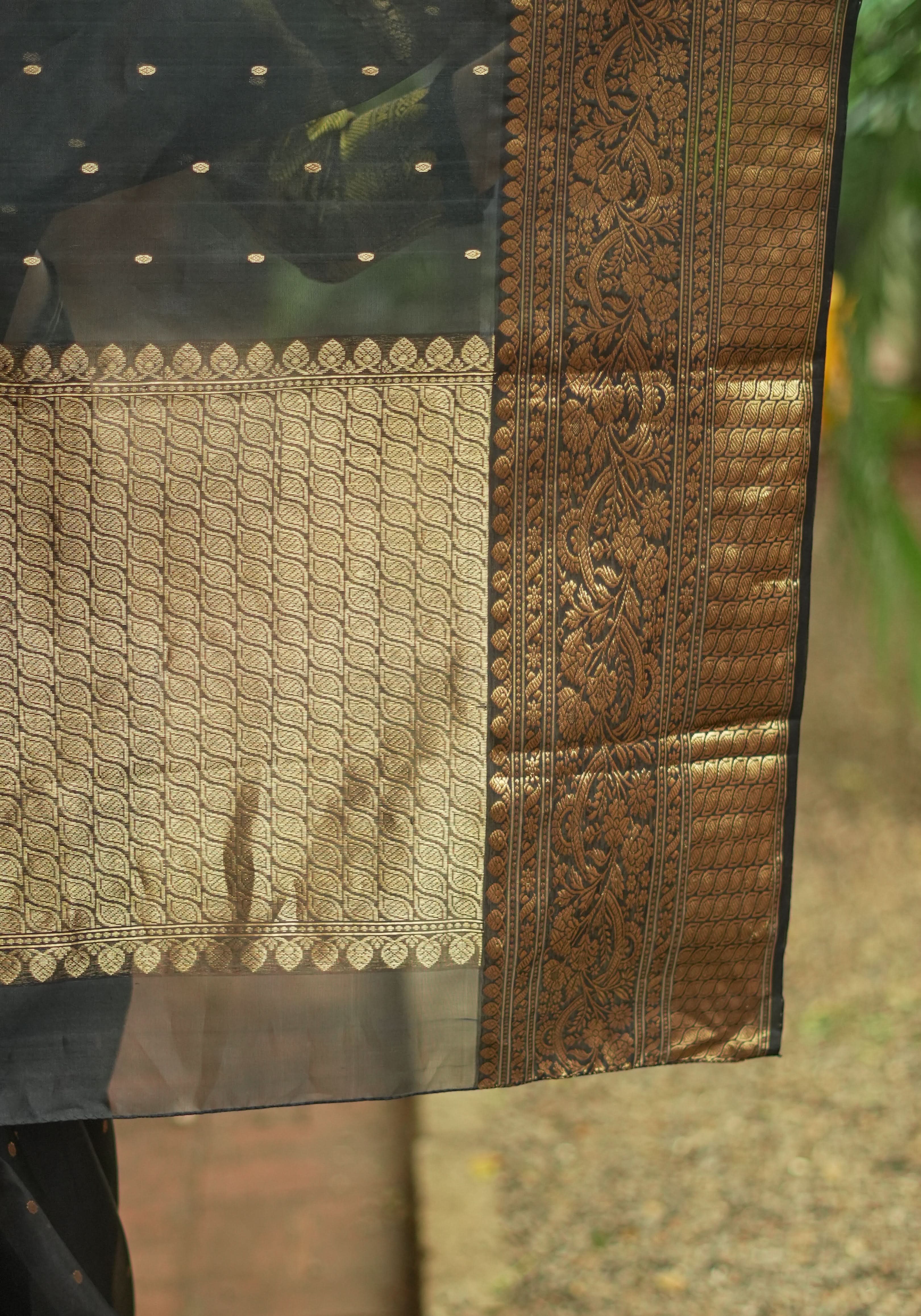 Celebrity Chanderi Silk Saree in Black with Zari chunri Butis and wide zari border | Shobitam