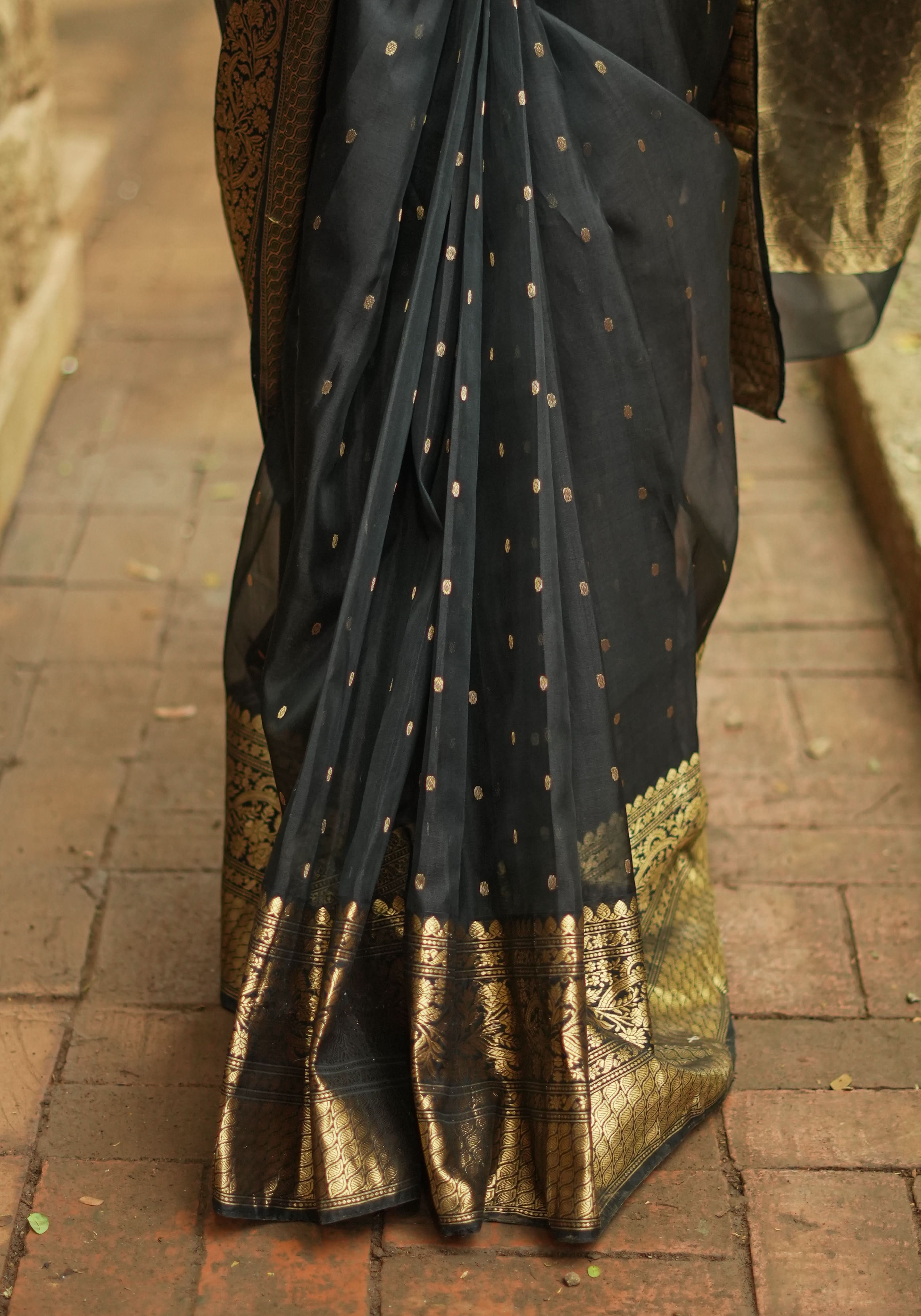 Celebrity Chanderi Silk Saree in Black with Zari chunri Butis and wide zari border | Shobitam